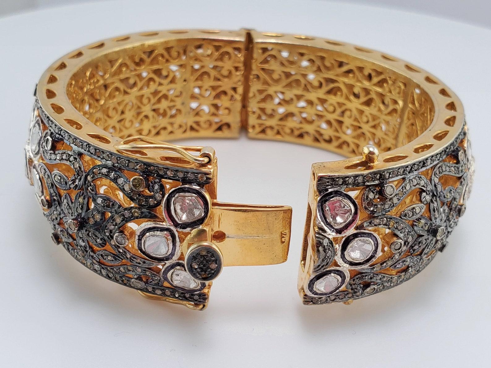 Art Déco Bracciale d'autore in argento 925 con diamanti taglio rosa e pavé di diamanti. in vendita