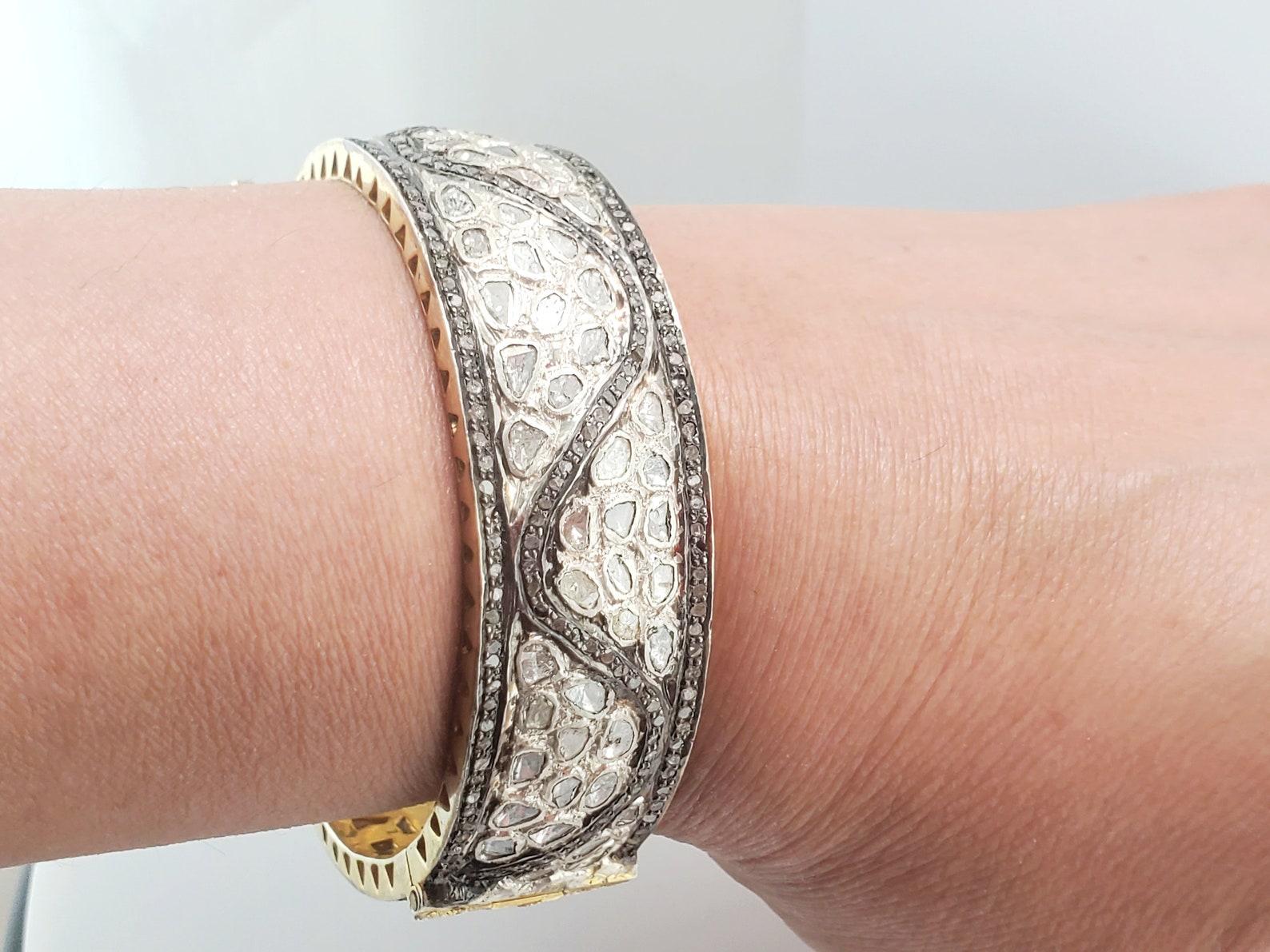 Art Déco Bracciale d'autore in argento 925 con diamanti taglio rosa e pavé di diamanti. in vendita