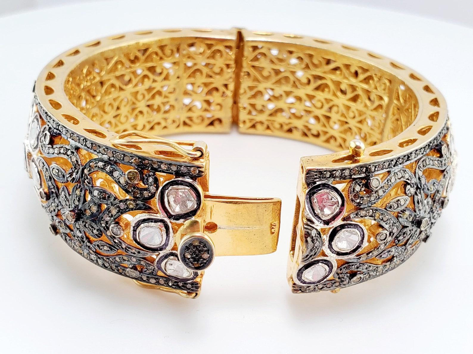 da uomo o donna Bracciale d'autore in argento 925 con diamanti taglio rosa e pavé di diamanti. in vendita