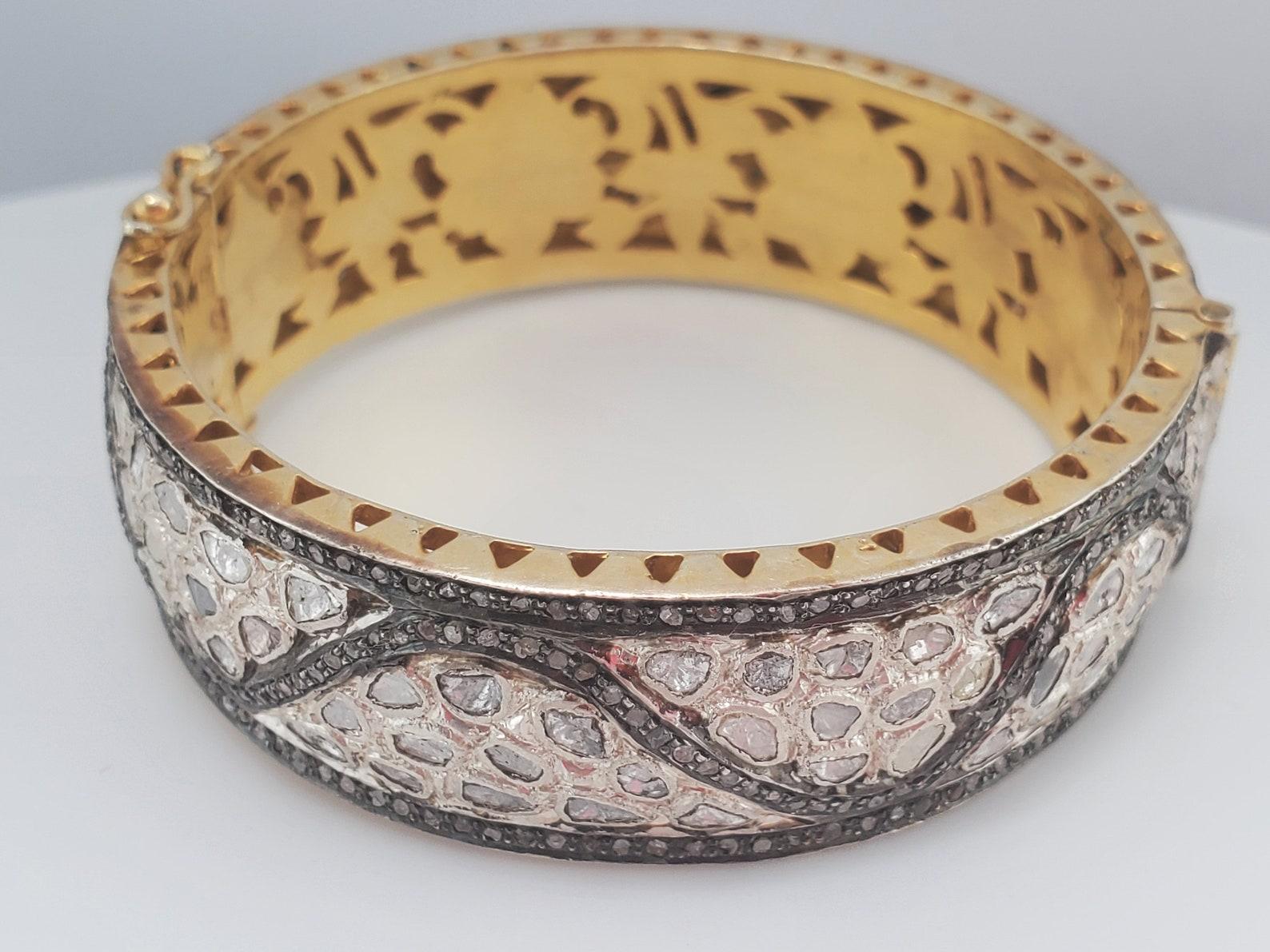 da uomo o donna Bracciale d'autore in argento 925 con diamanti taglio rosa e pavé di diamanti. in vendita