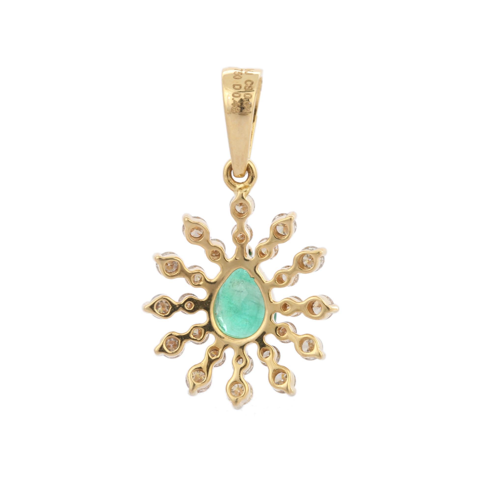 Natural Emerald pendant in 18K Gold. It has a pear cut emerald studded with diamonds that completes your look with a decent touch. Pendants are used to wear or gifted to represent love and promises. It's an attractive jewelry piece that goes with