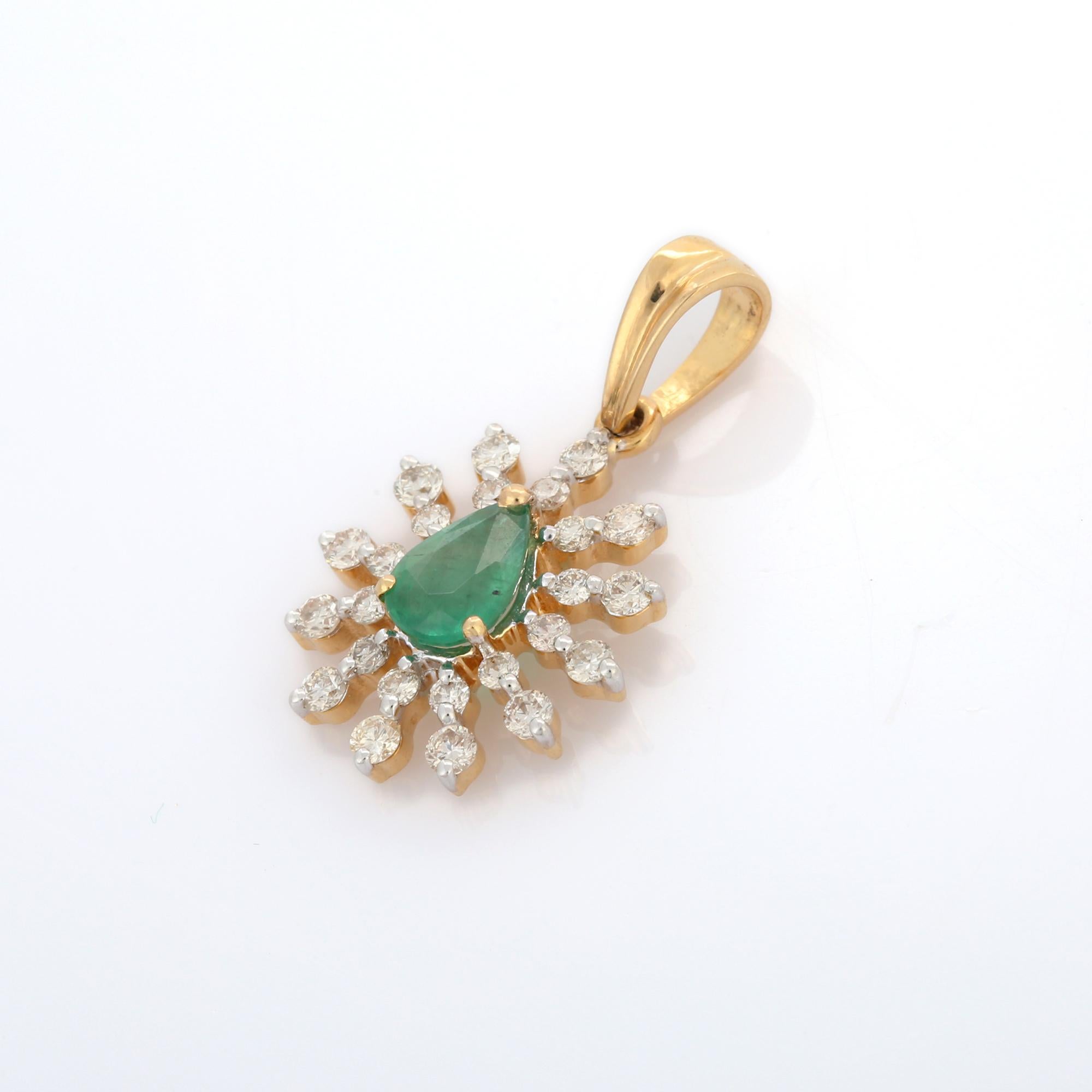 Art Deco Designer Pear Cut Emerald and Diamond Pendant in 18K Yellow Gold For Sale