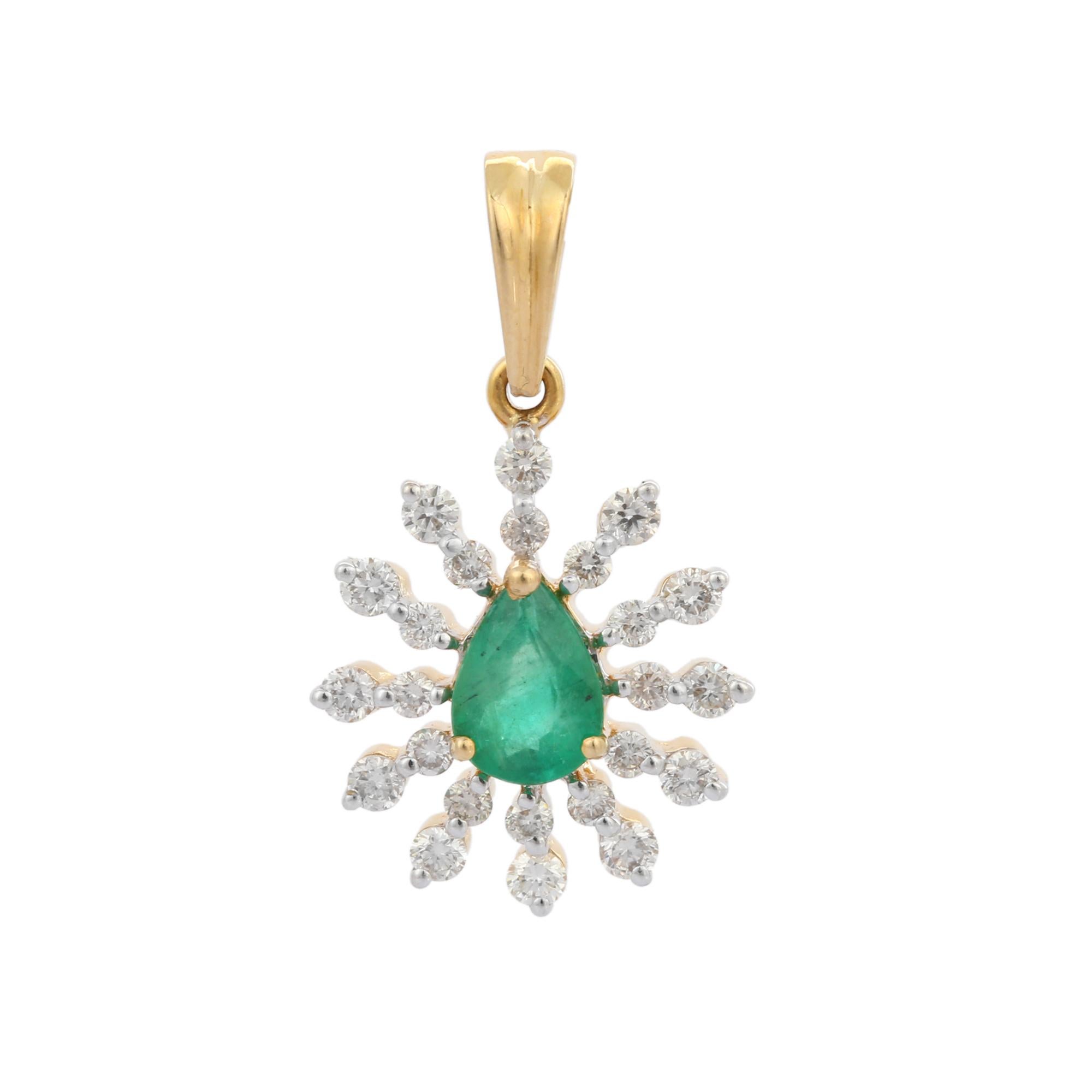 Women's Designer Pear Cut Emerald and Diamond Pendant in 18K Yellow Gold For Sale