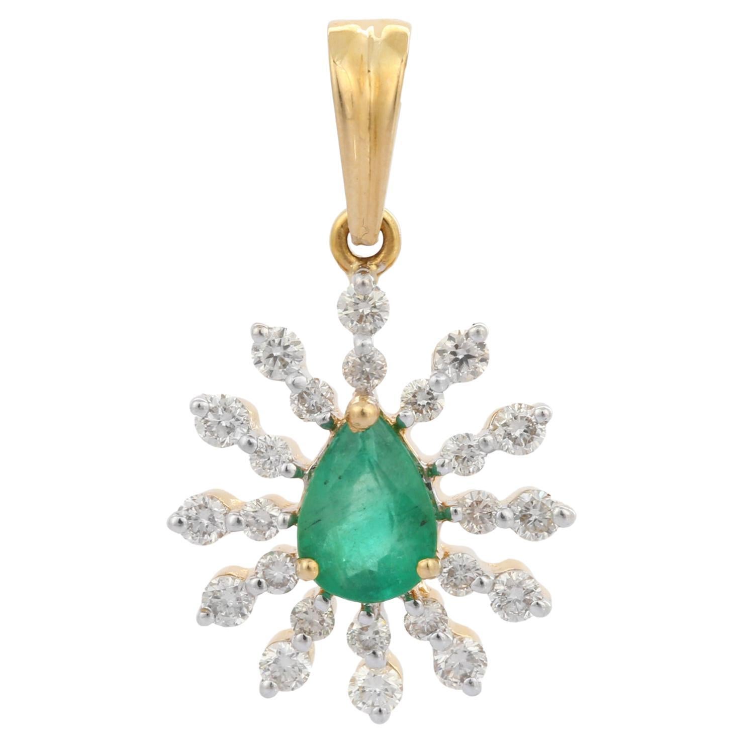 Designer Pear Cut Emerald and Diamond Pendant in 18K Yellow Gold For Sale