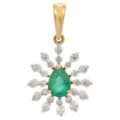 Designer Pear Cut Emerald and Diamond Pendant in 18K Yellow Gold