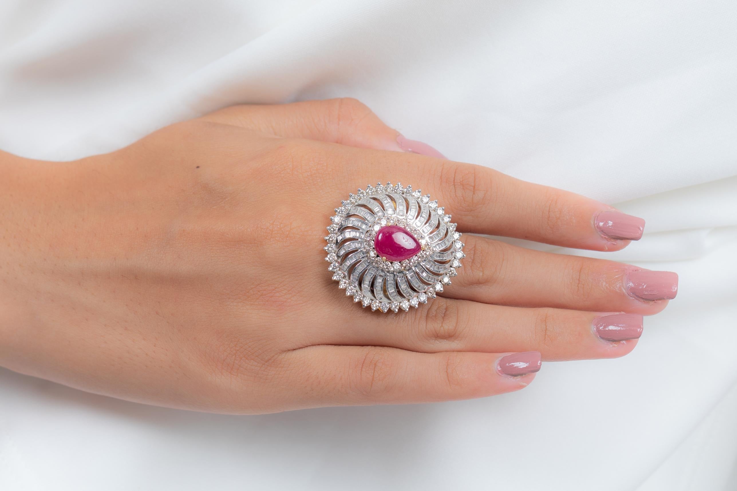 For Sale:  Statement Ruby Cocktail Ring with Halo of Diamonds in 14K White Gold 6