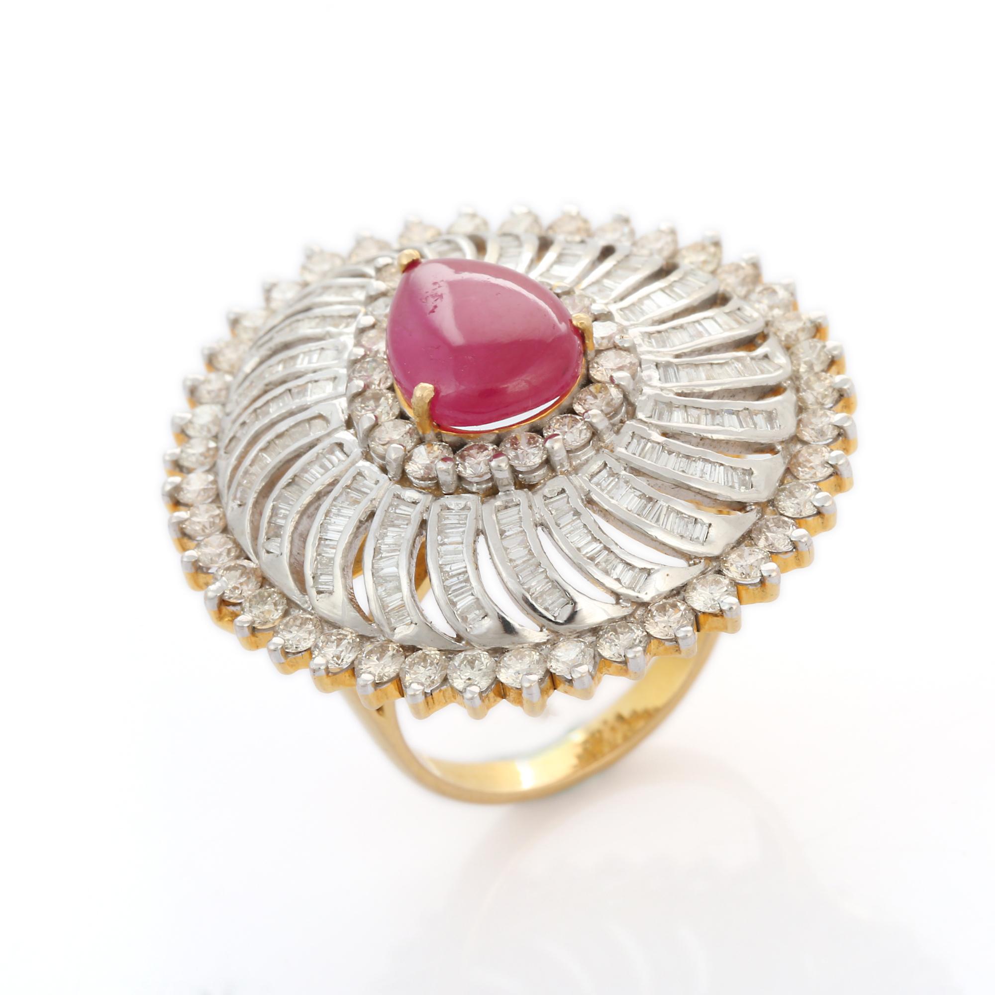 For Sale:  Statement Ruby Cocktail Ring with Halo of Diamonds in 14K White Gold 7