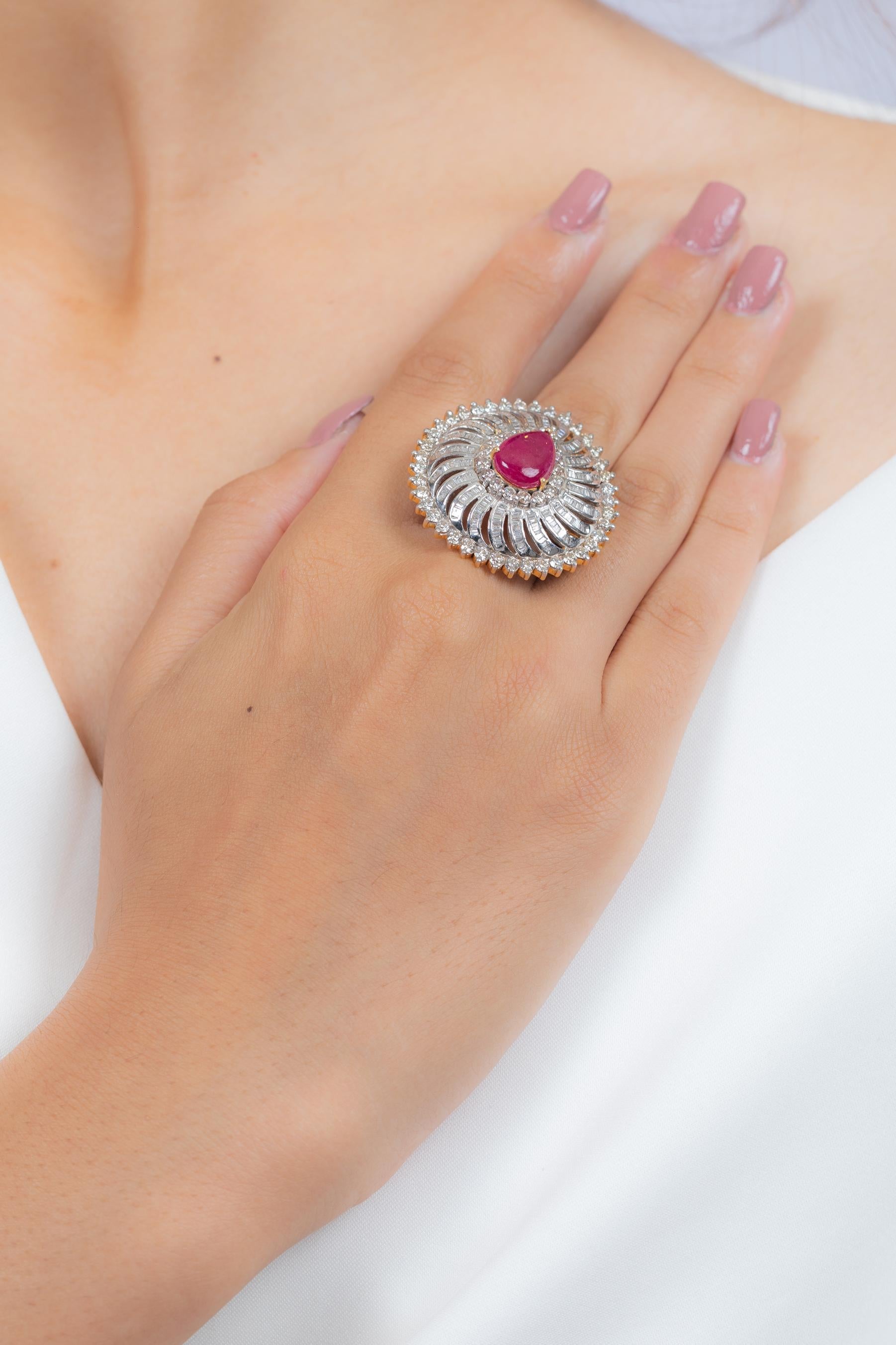 For Sale:  Statement Ruby Cocktail Ring with Halo of Diamonds in 14K White Gold 8