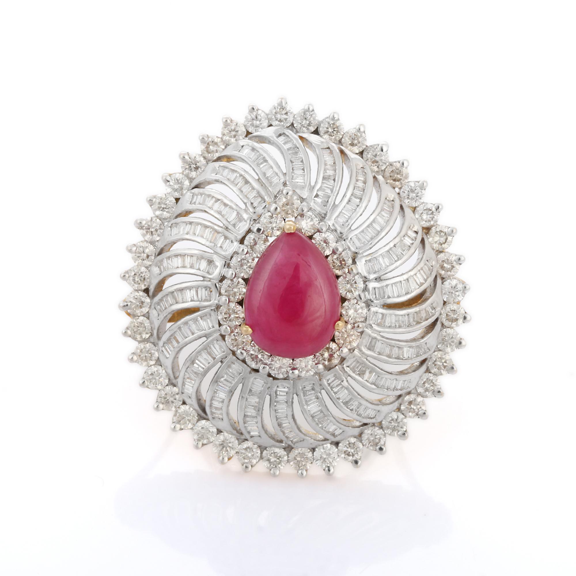 For Sale:  Statement Ruby Cocktail Ring with Halo of Diamonds in 14K White Gold 9