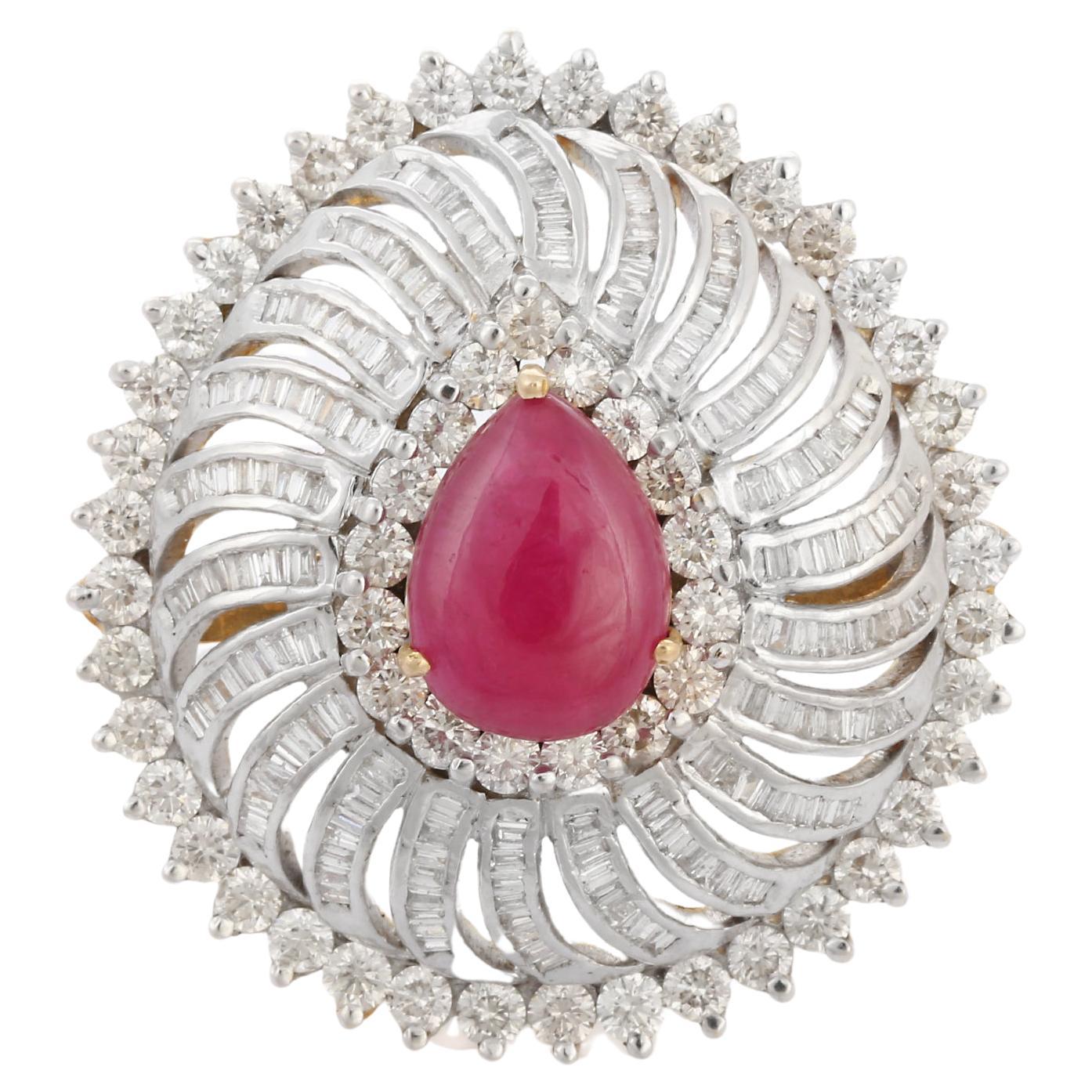For Sale:  Statement Ruby Cocktail Ring with Halo of Diamonds in 14K White Gold