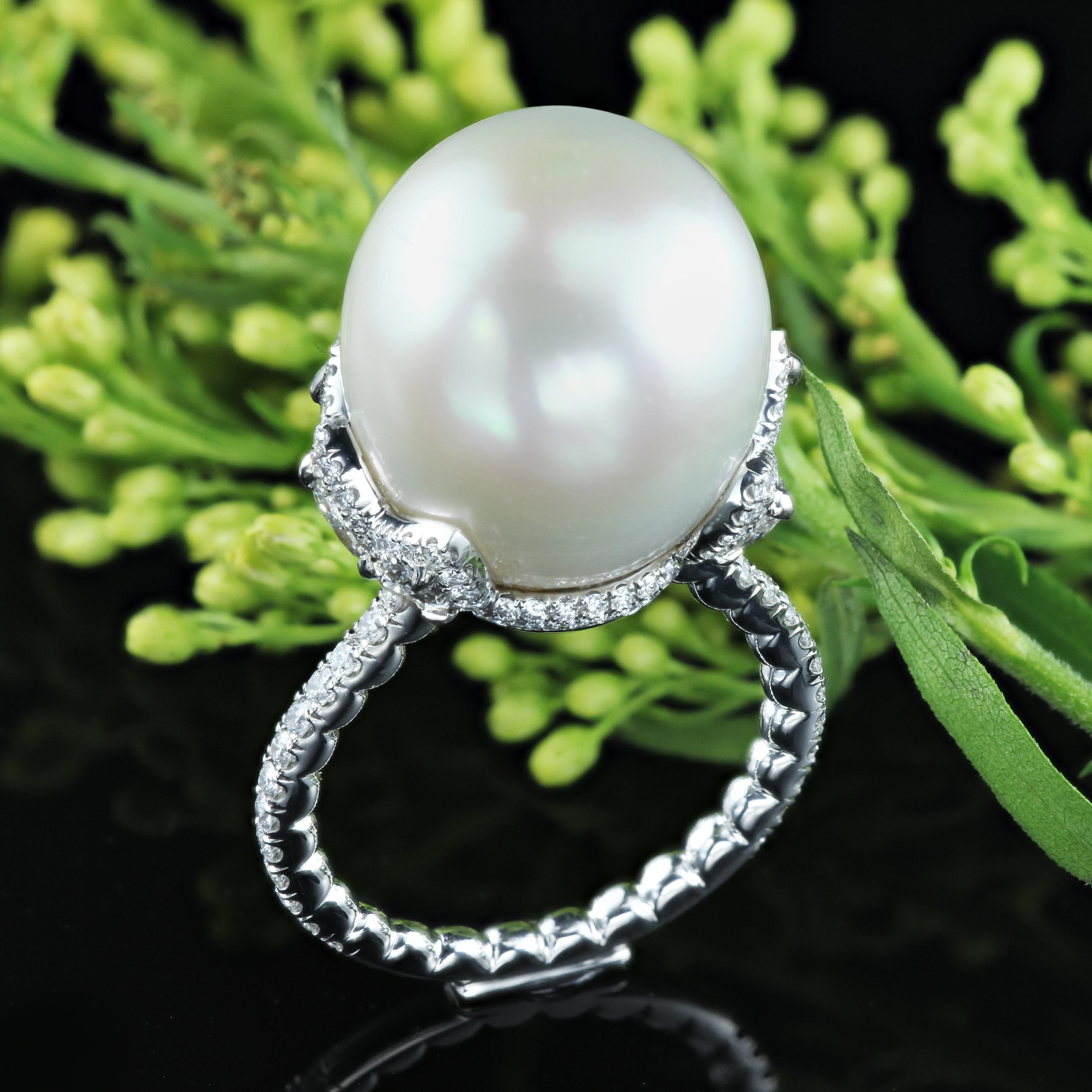 Leon Mege Designer Pearl and Diamond Right Hand Ring in Platinum In New Condition In New York, NY