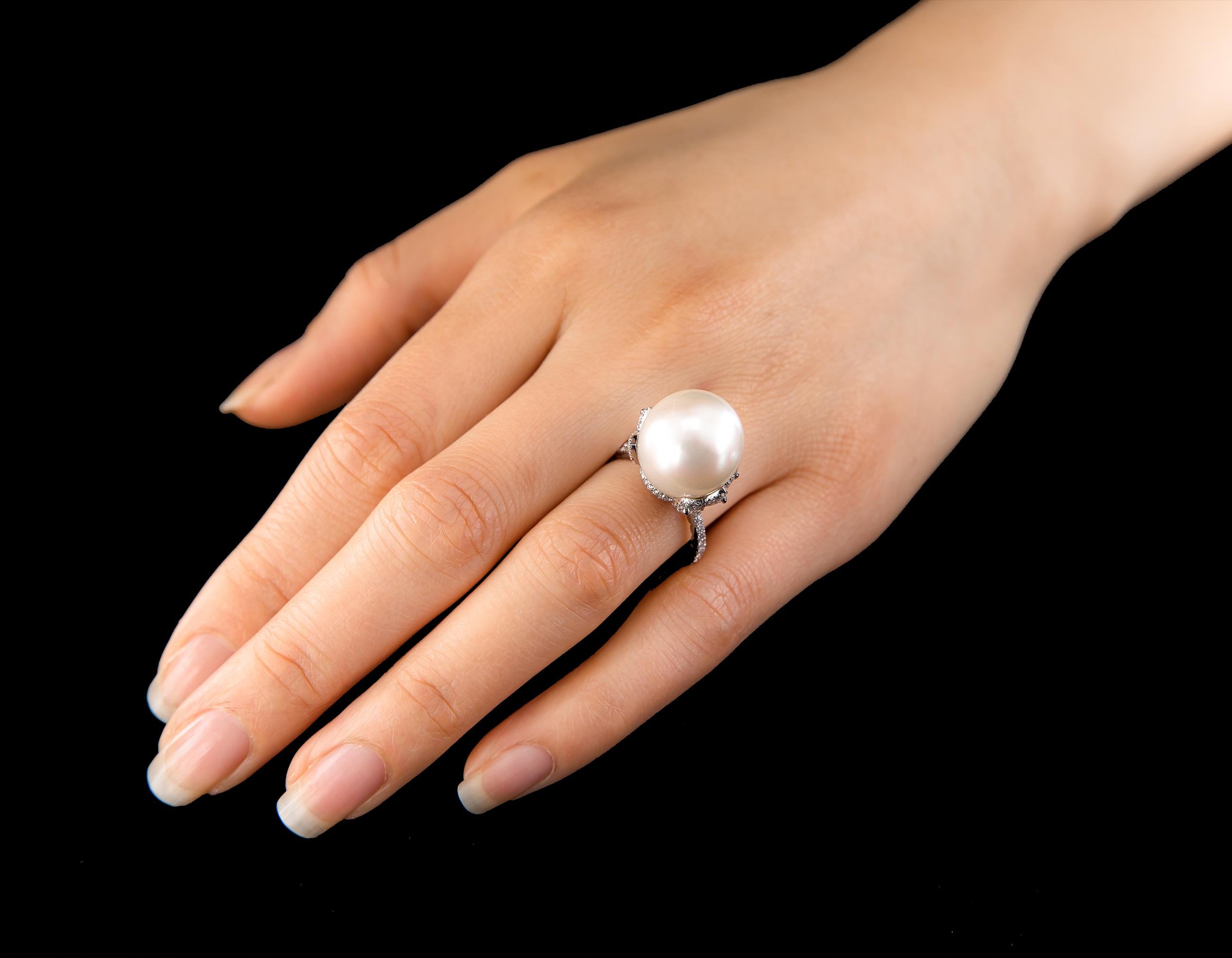 Leon Mege Designer Pearl and Diamond Right Hand Ring in Platinum 1
