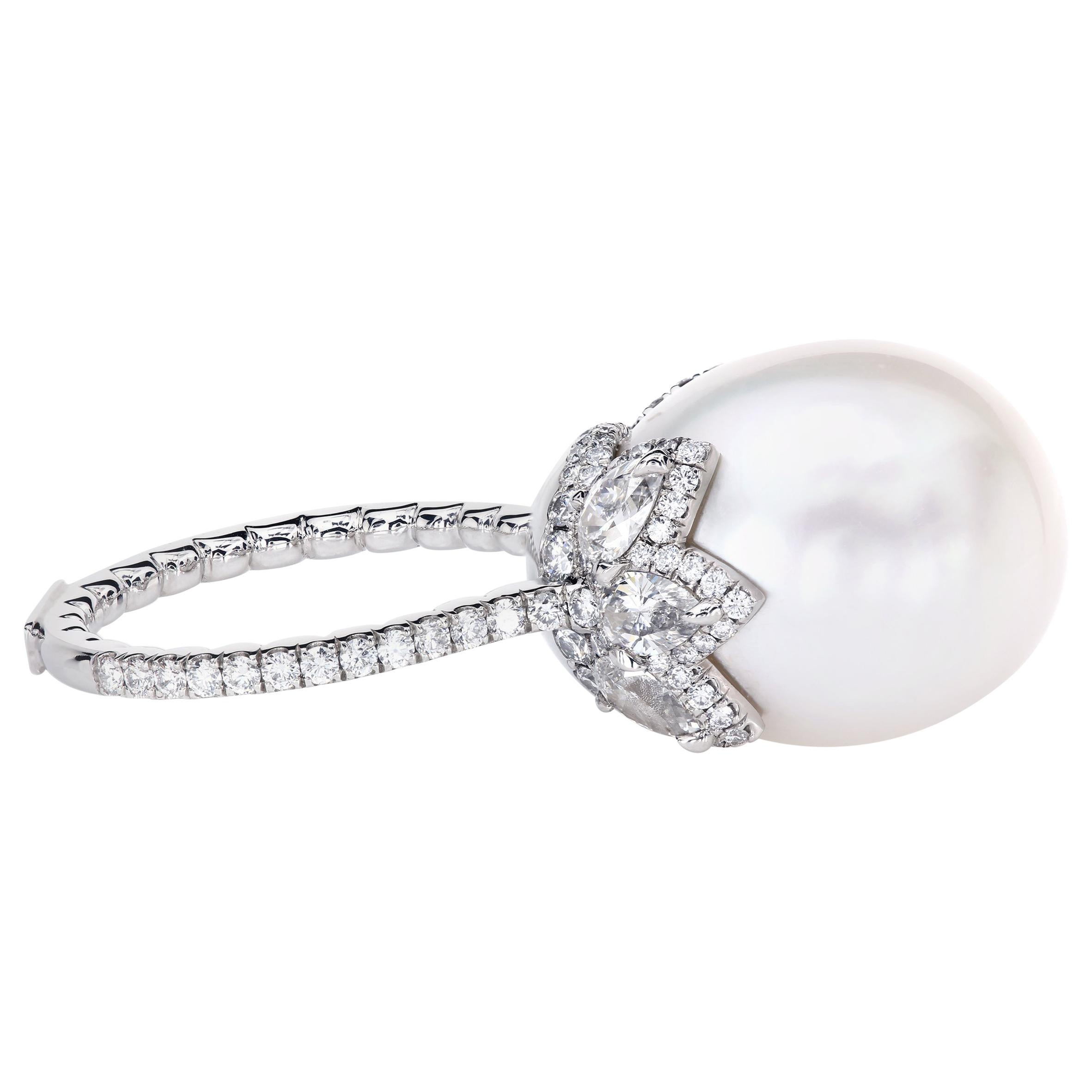 Leon Mege Designer Pearl and Diamond Right Hand Ring in Platinum