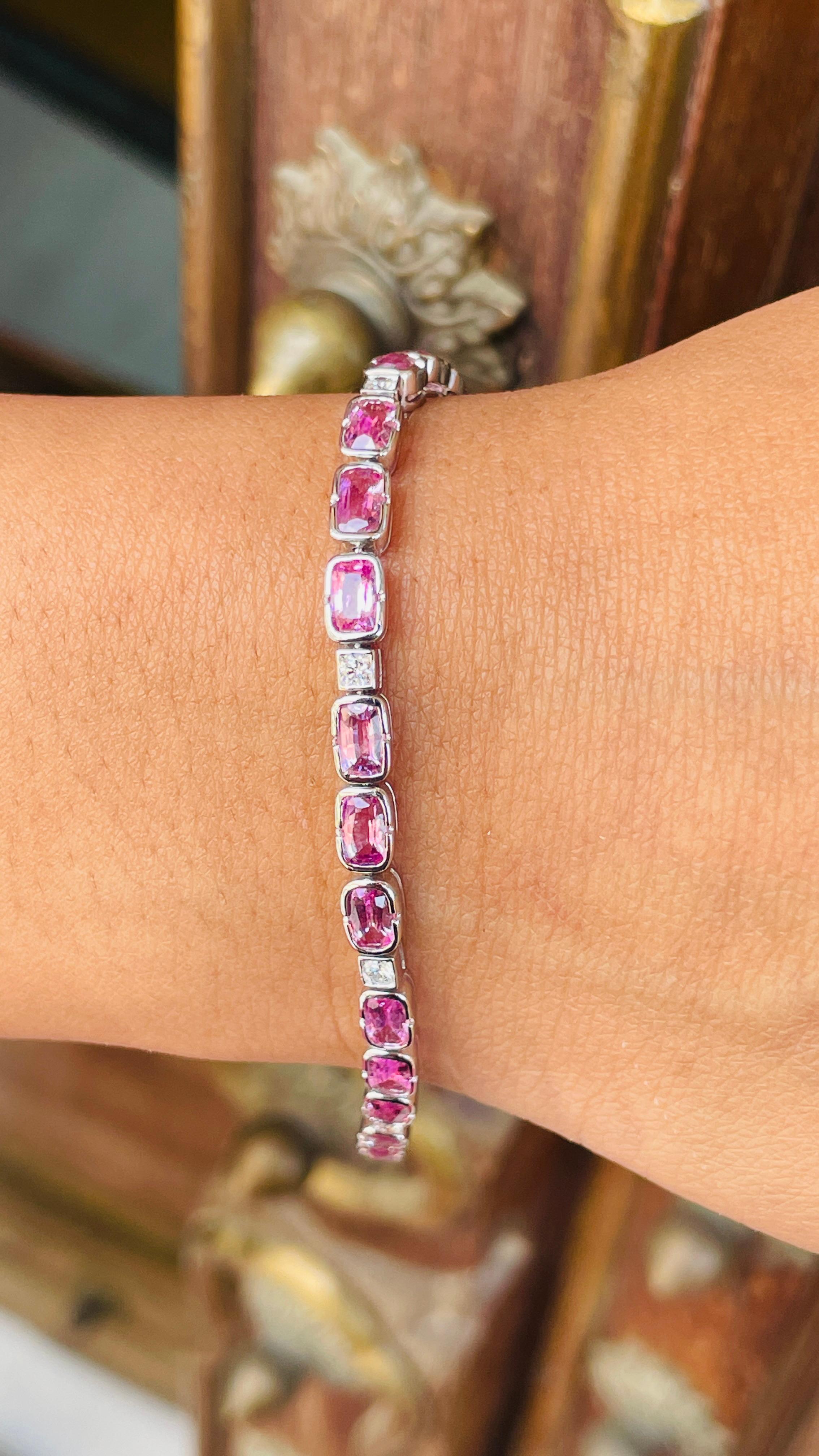 Bracciale Tennis con zaffiri rosa e diamanti in oro bianco massiccio 18 carati, di design in vendita 4