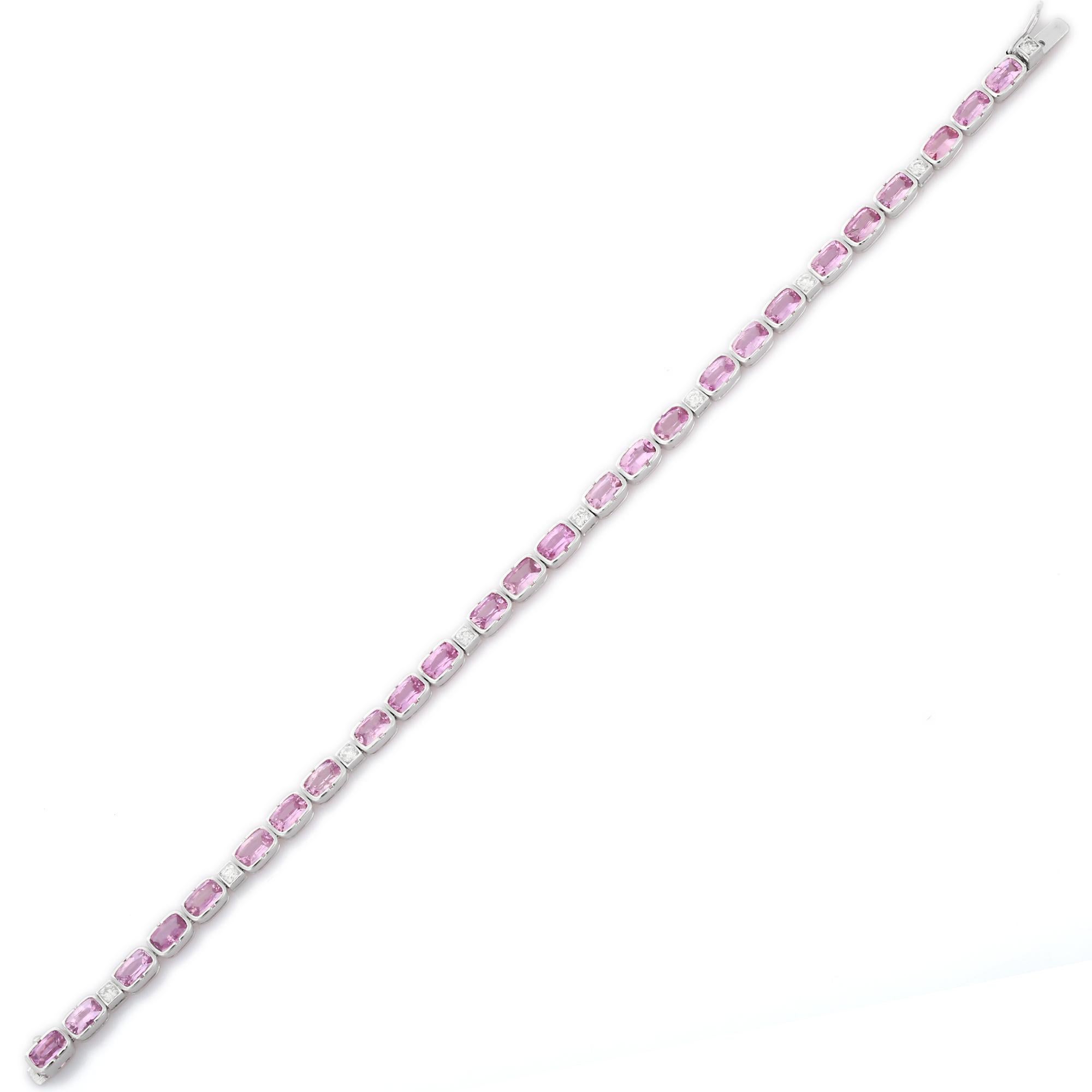 Contemporary Designer Pink Sapphire and Diamond Tennis Bracelet in 18K Solid White Gold For Sale