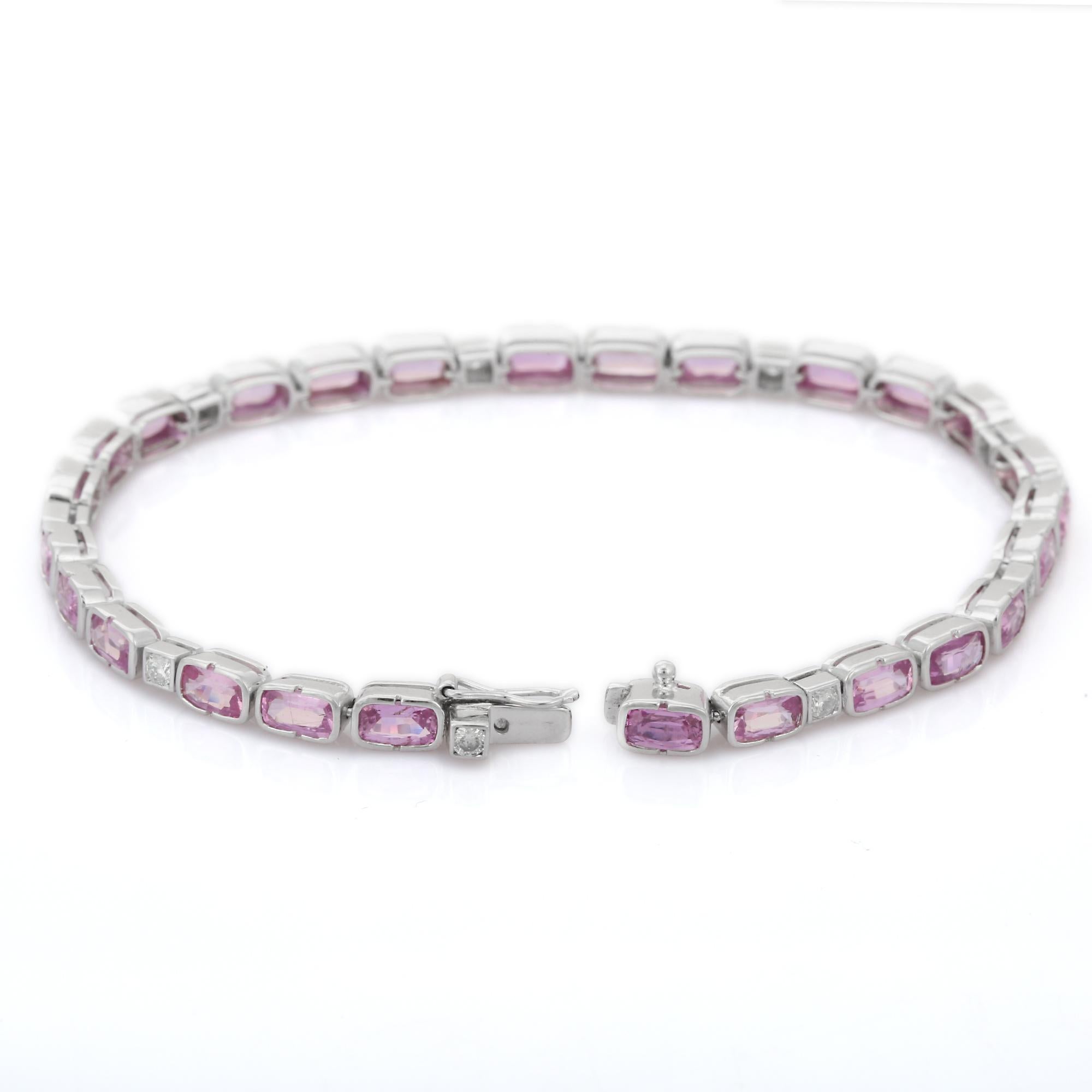Designer Pink Sapphire and Diamond Tennis Bracelet in 18K Solid White Gold In New Condition For Sale In Houston, TX