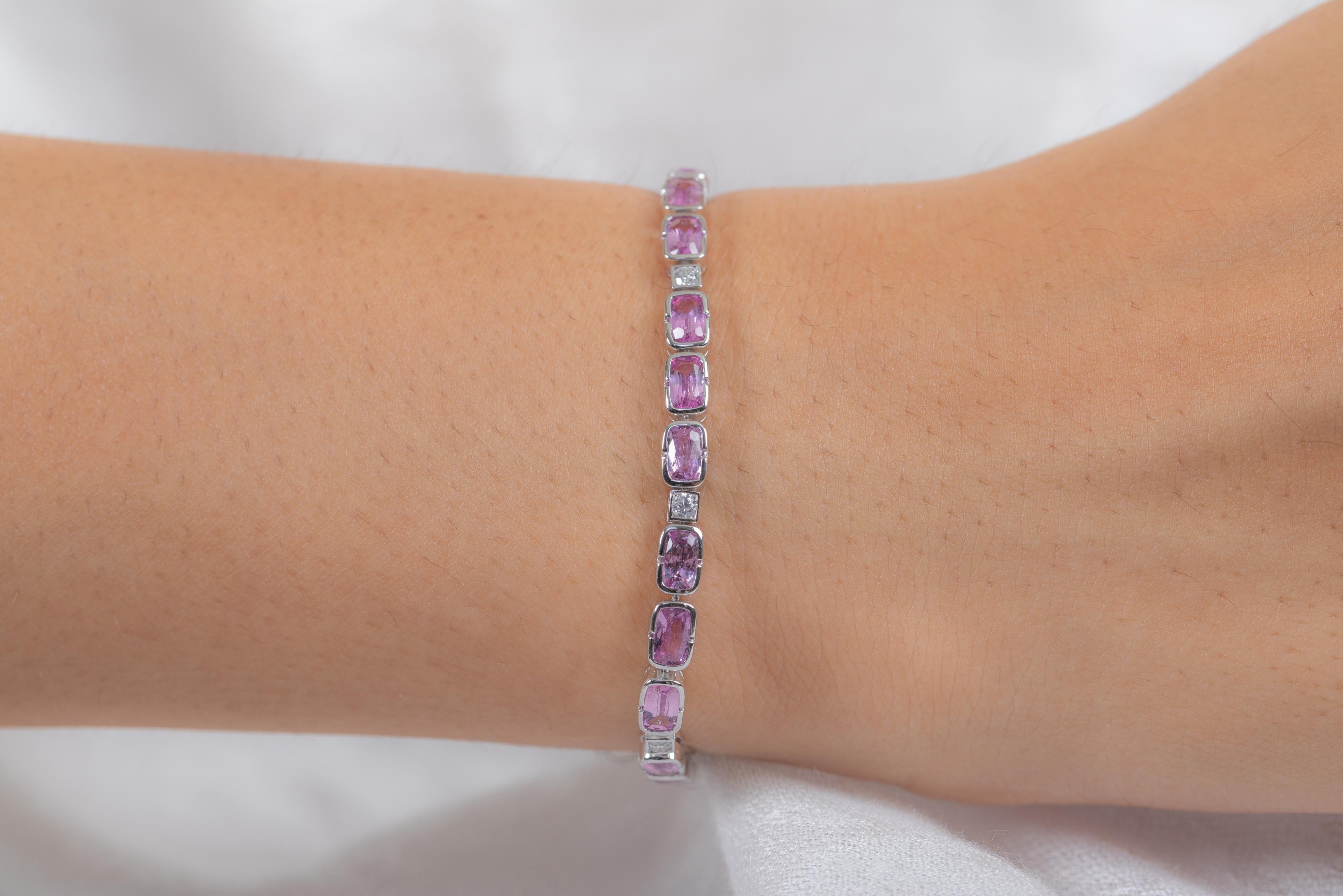 Women's Designer Pink Sapphire and Diamond Tennis Bracelet in 18K Solid White Gold For Sale