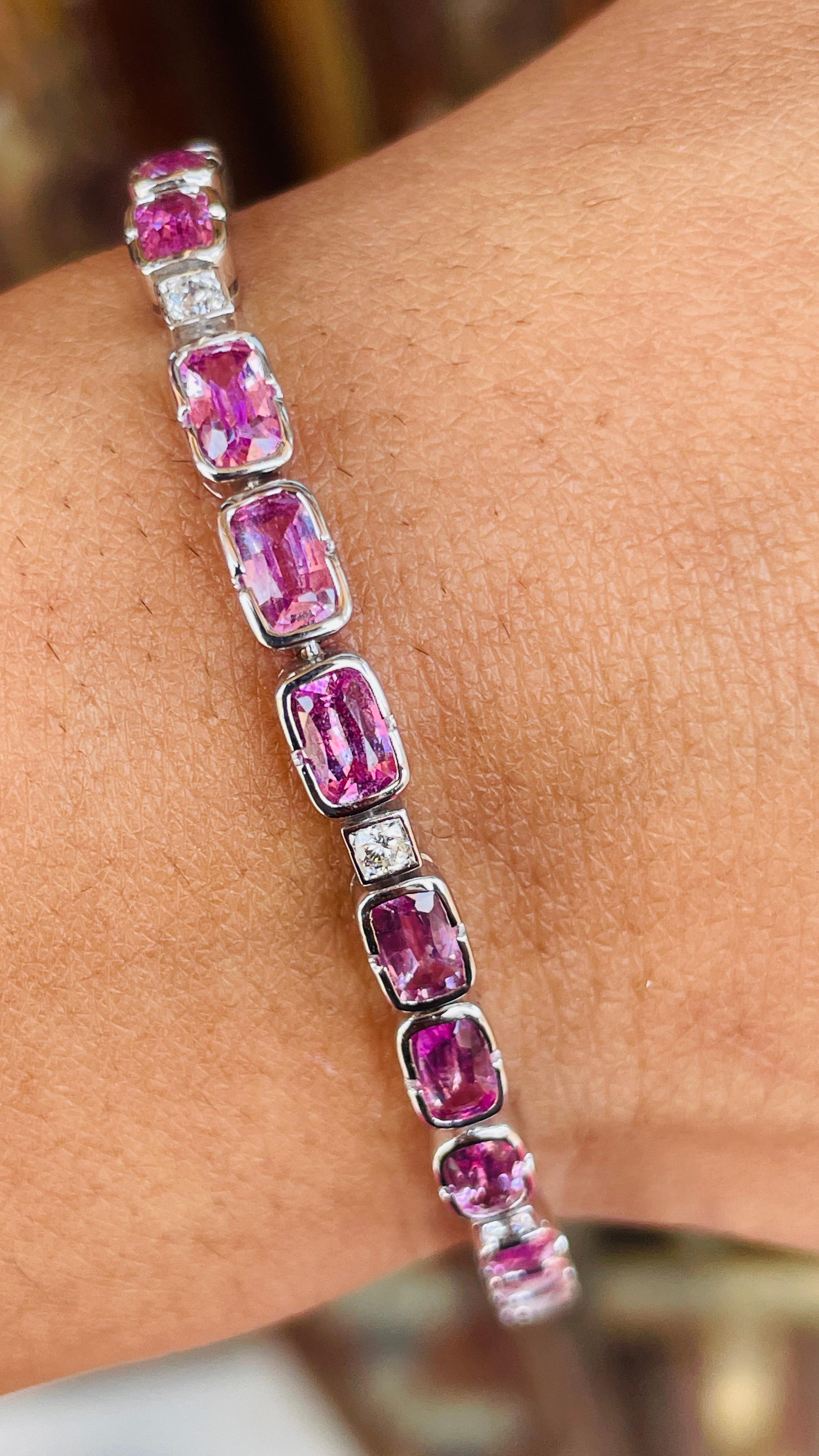 Designer Pink Sapphire and Diamond Tennis Bracelet in 18K Solid White Gold For Sale 2
