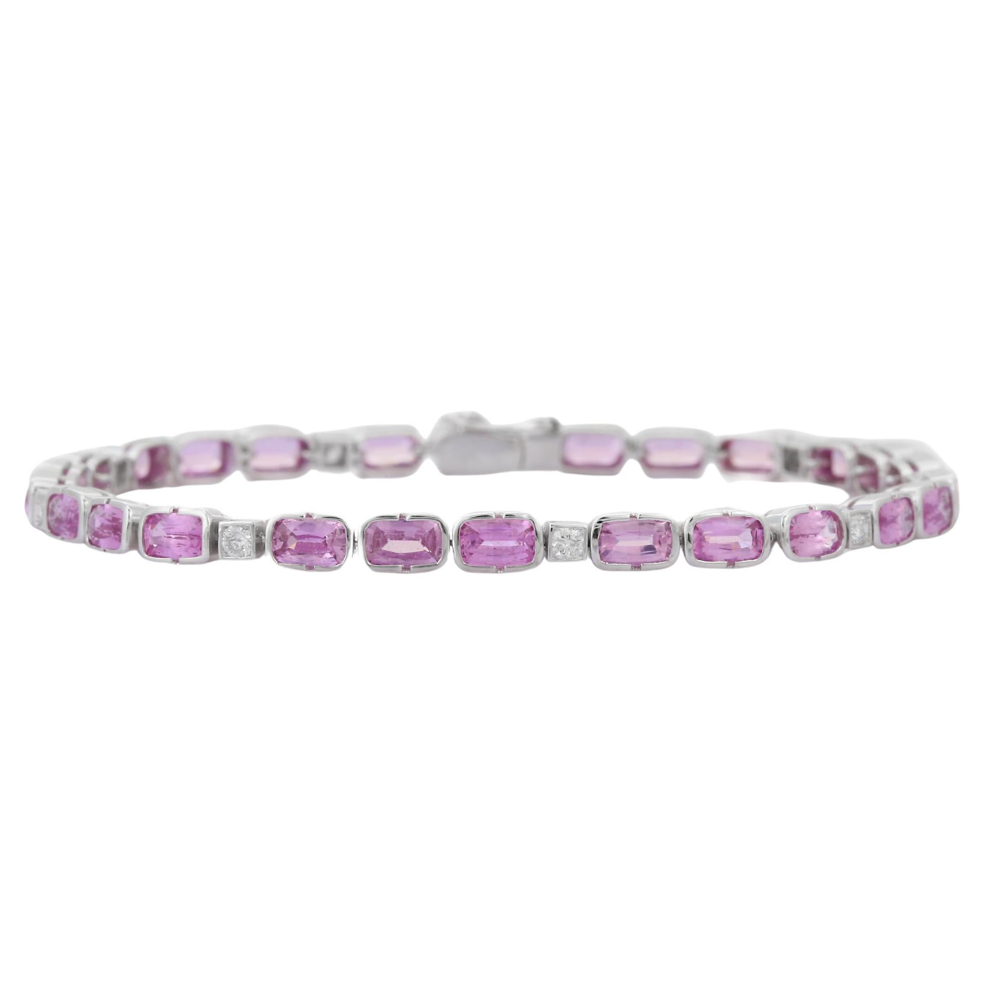 Bracelet tennis de designer en or blanc massif 18 carats avec saphirs roses et diamants