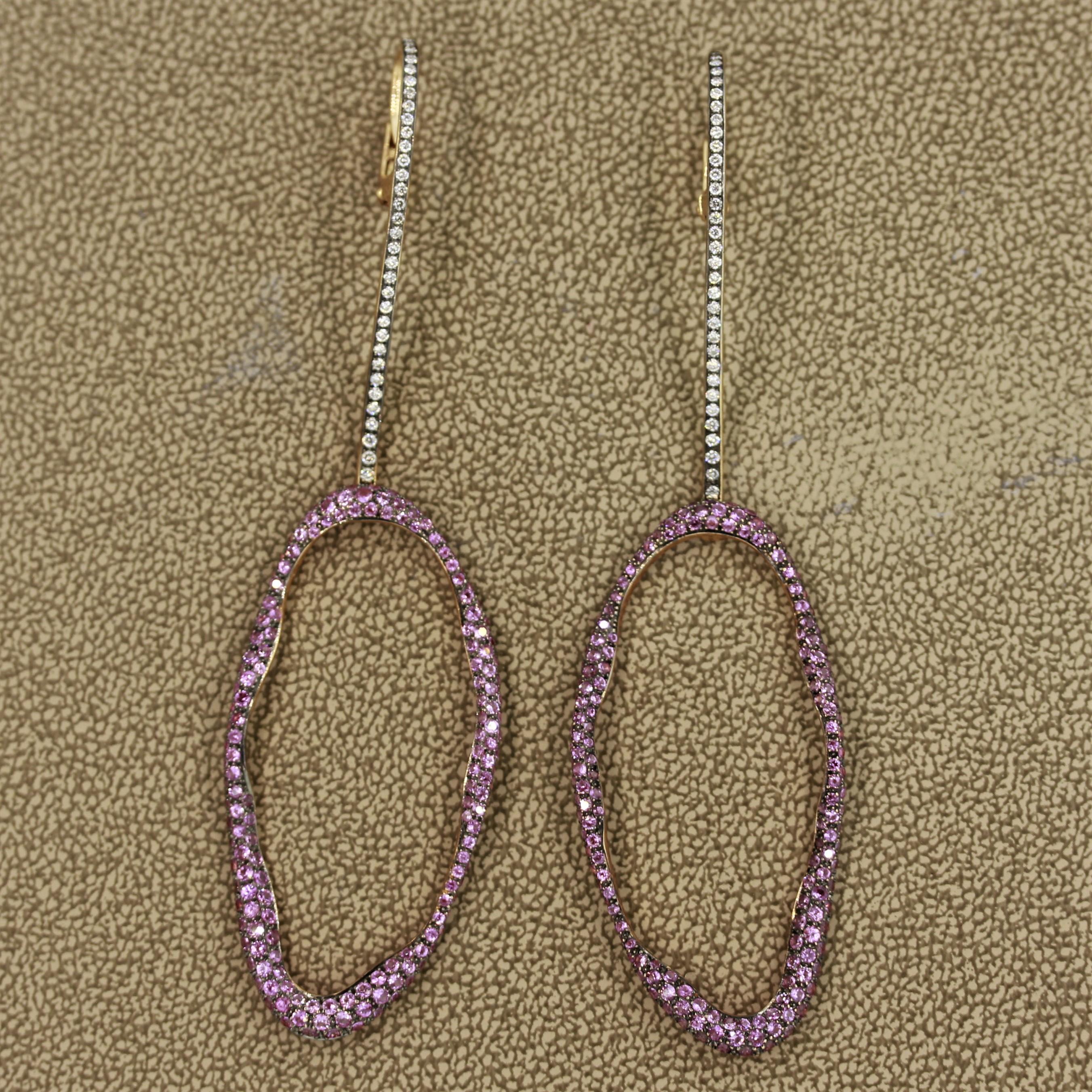 Round Cut Designer Pink Sapphire Diamond Gold Drop Earrings