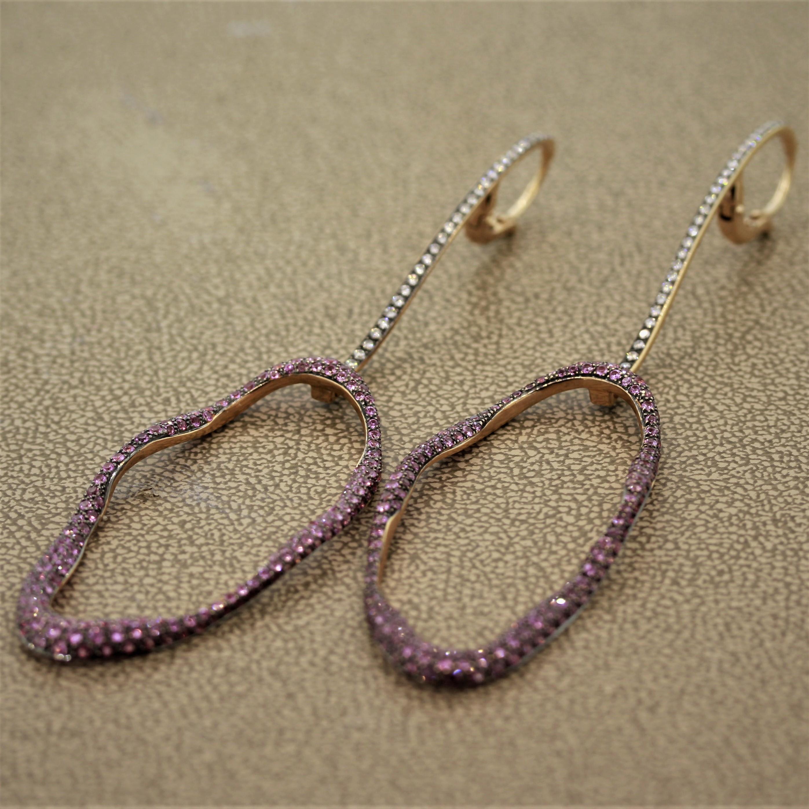 Women's or Men's Designer Pink Sapphire Diamond Gold Drop Earrings