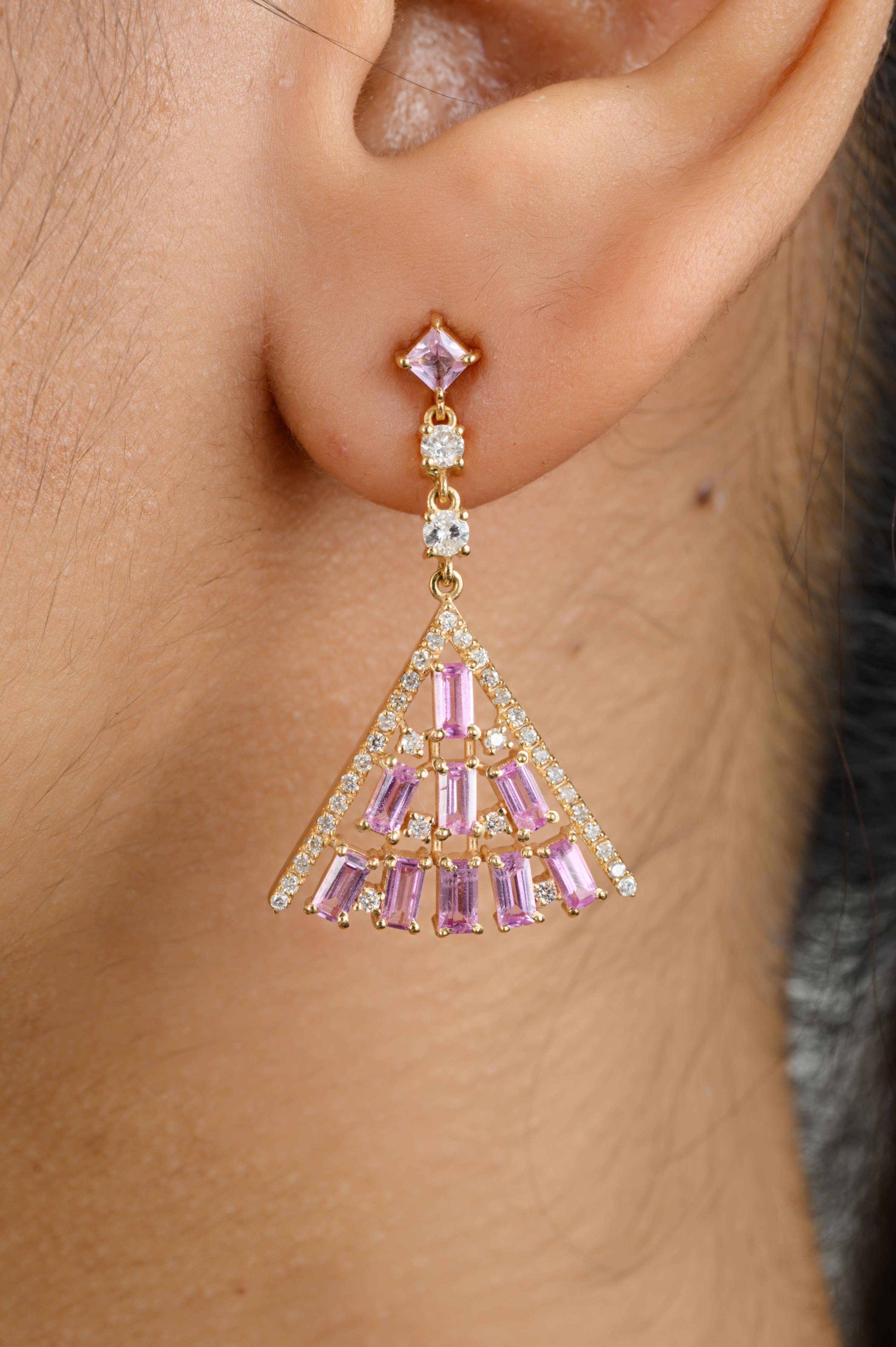 Mixed Cut Designer Pink Sapphire Pyramid Dangle Earrings for Wedding in 18k Yellow Gold For Sale
