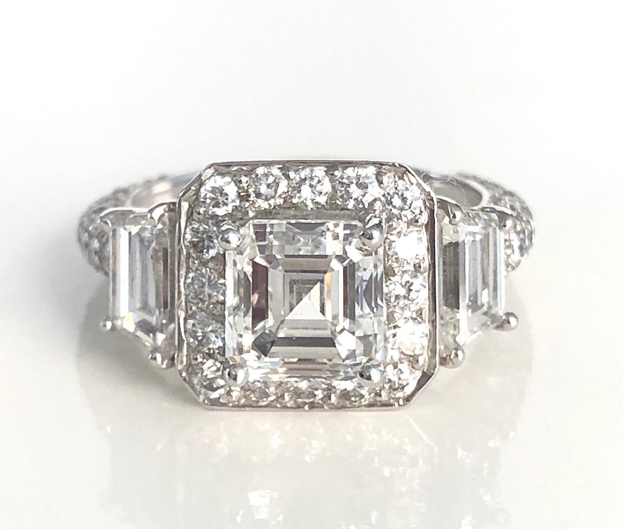Contemporary Designer Platinum Asscher Cut 2.01 CT, FVS1, GIA Diamond Ring For Sale