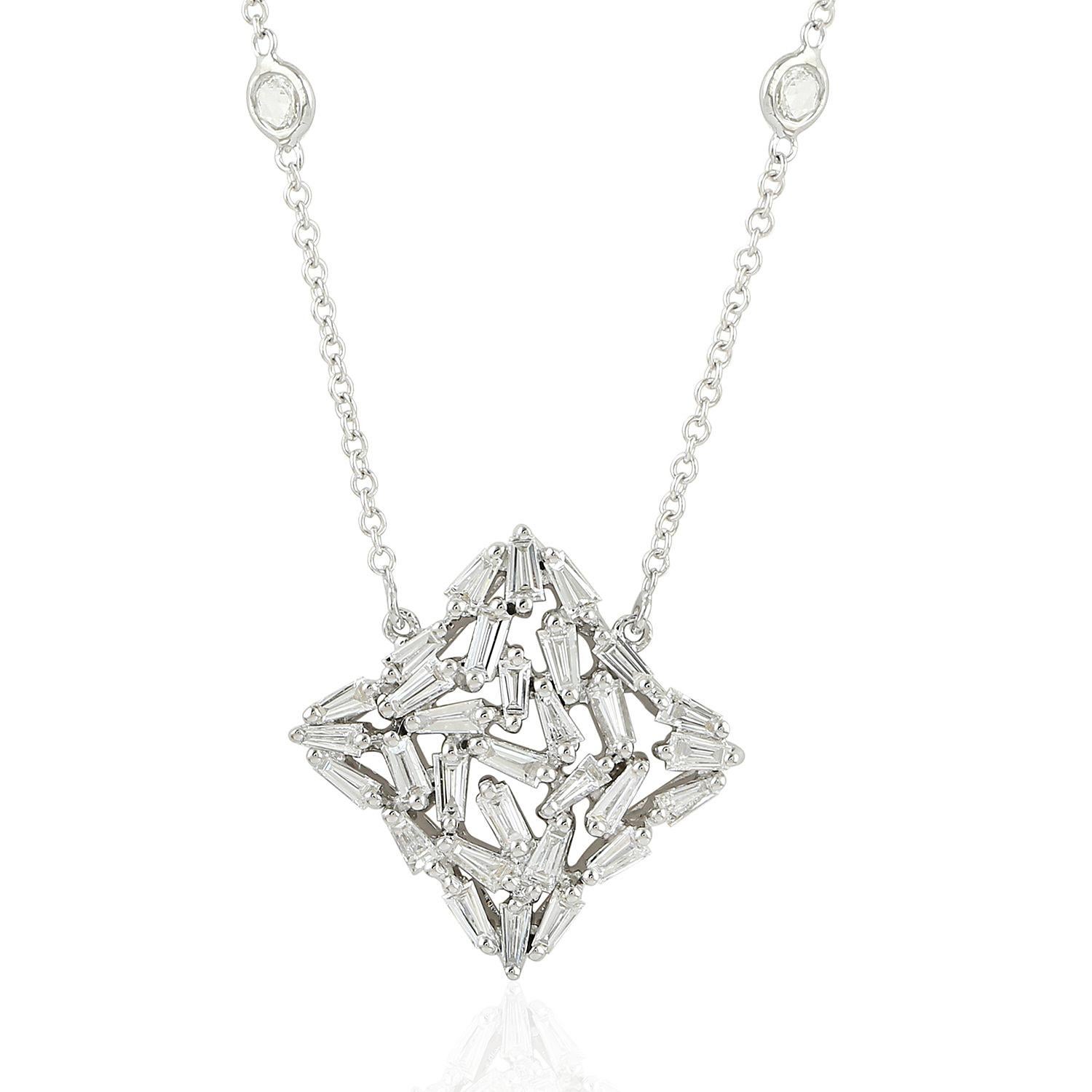 Modern Designer Princess Necklace Made In 18k White Gold With Baguette Diamonds Charm For Sale