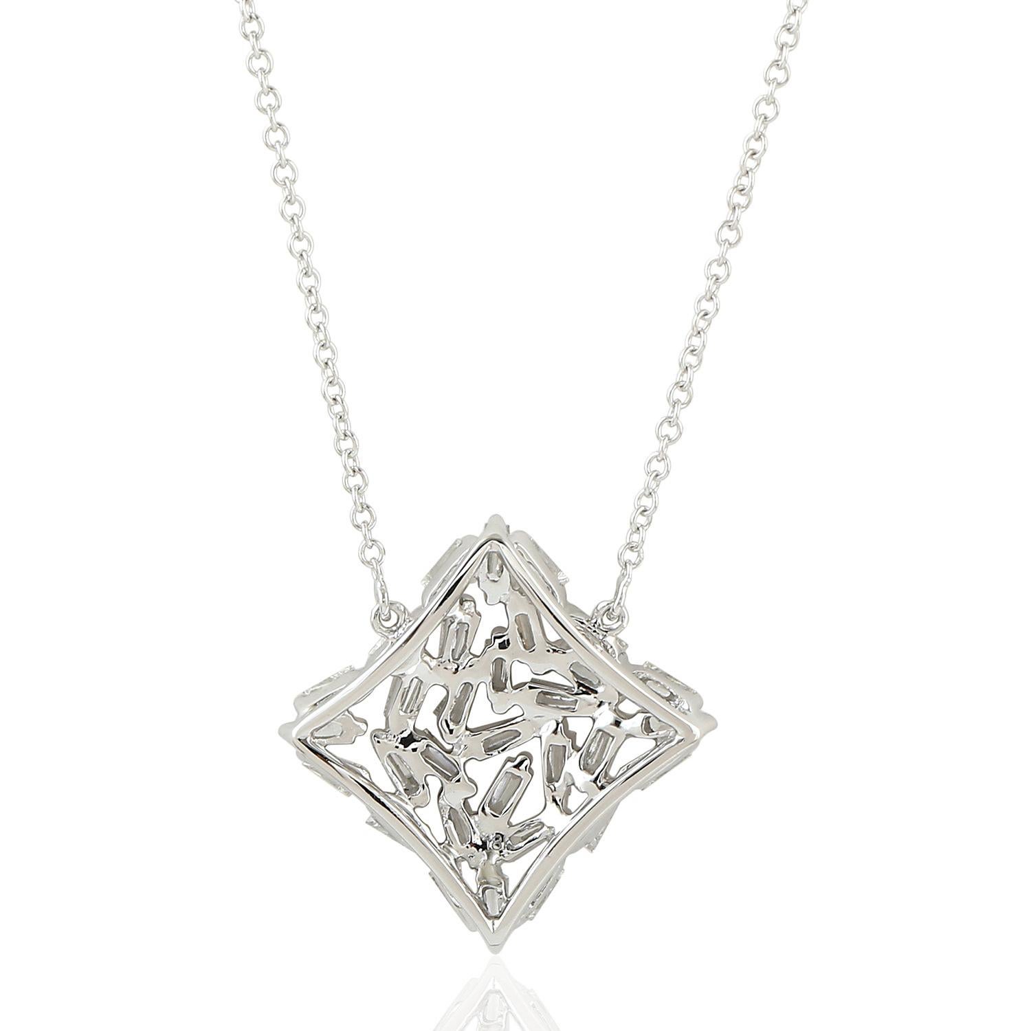 Baguette Cut Designer Princess Necklace Made In 18k White Gold With Baguette Diamonds Charm For Sale