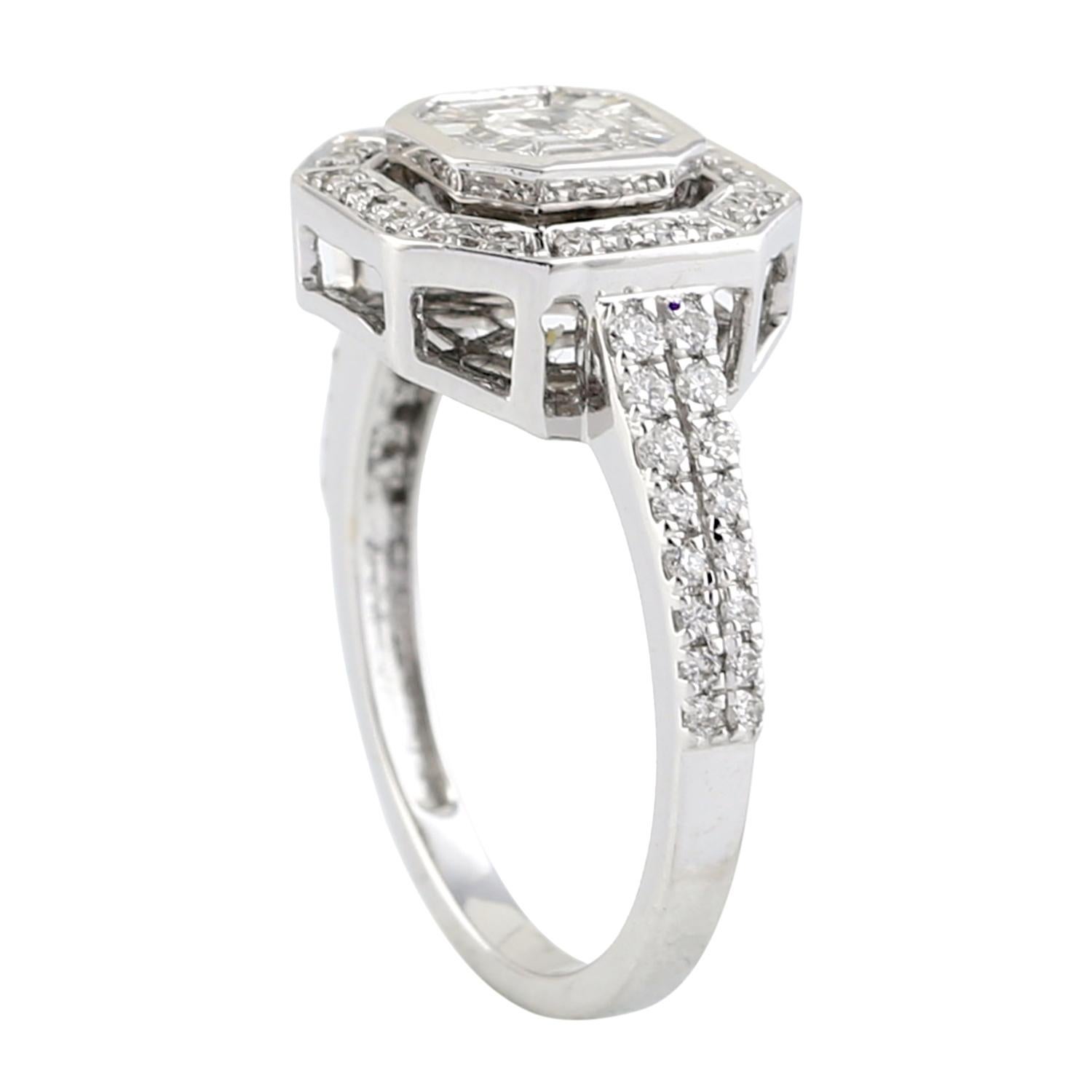 Art Deco Designer Princess Set Diamond Ring in 18k White Gold