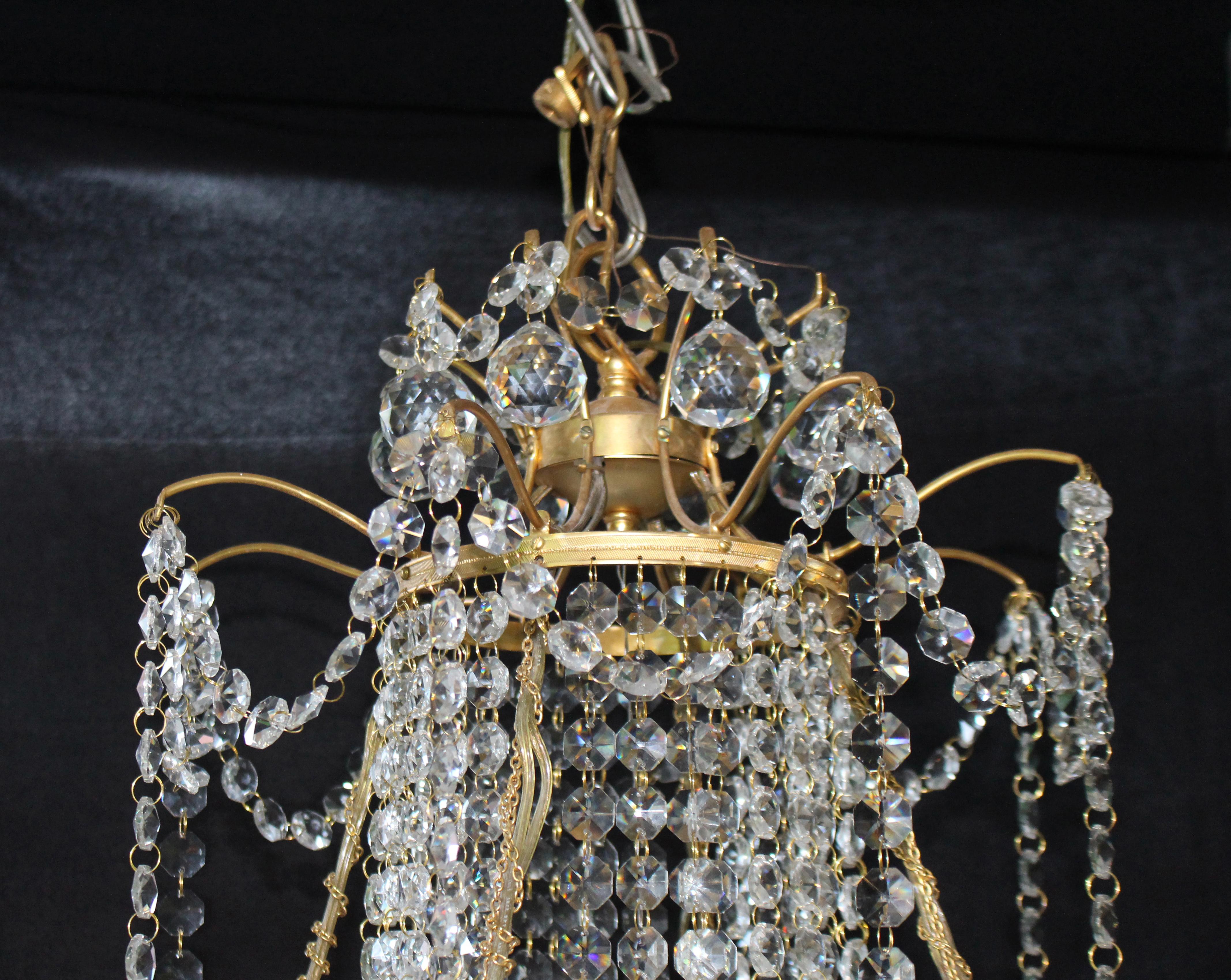Designer Profusely Dressed Crystal Gilt Metal Chandelier In Good Condition For Sale In Worcester, GB