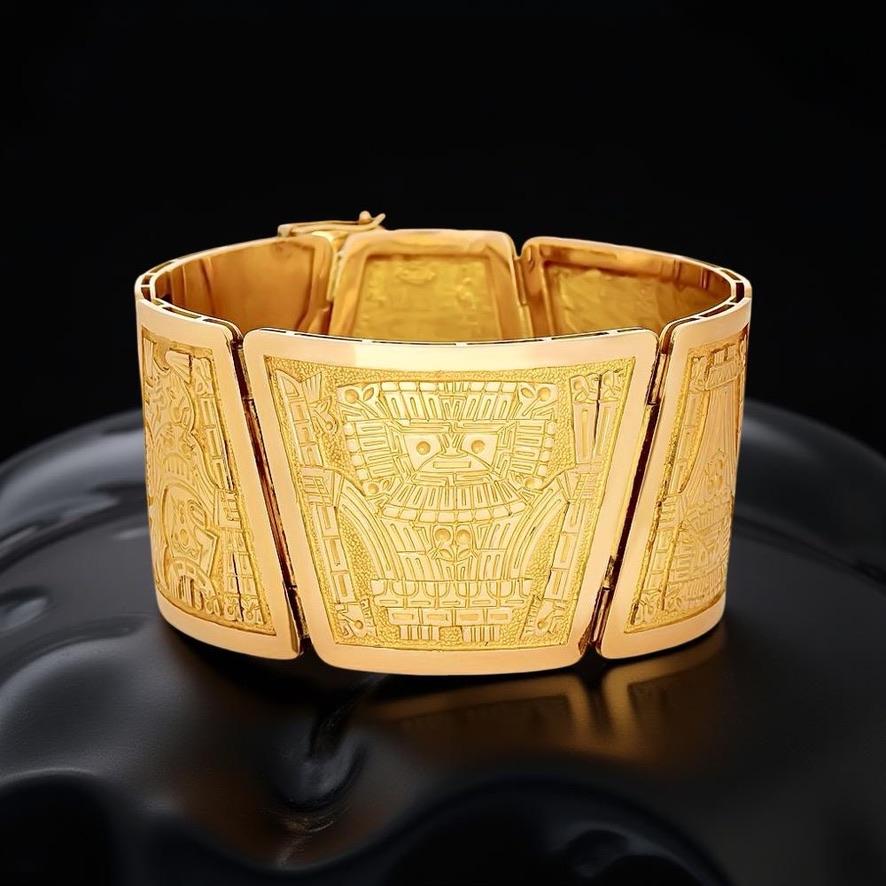 Women's Designer R. Royss Aztec 18K Yellow Gold Bracelet For Sale