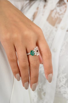 Designer Rare Emerald Diamond Cocktail Ring Crafted in Solid 18k White Gold