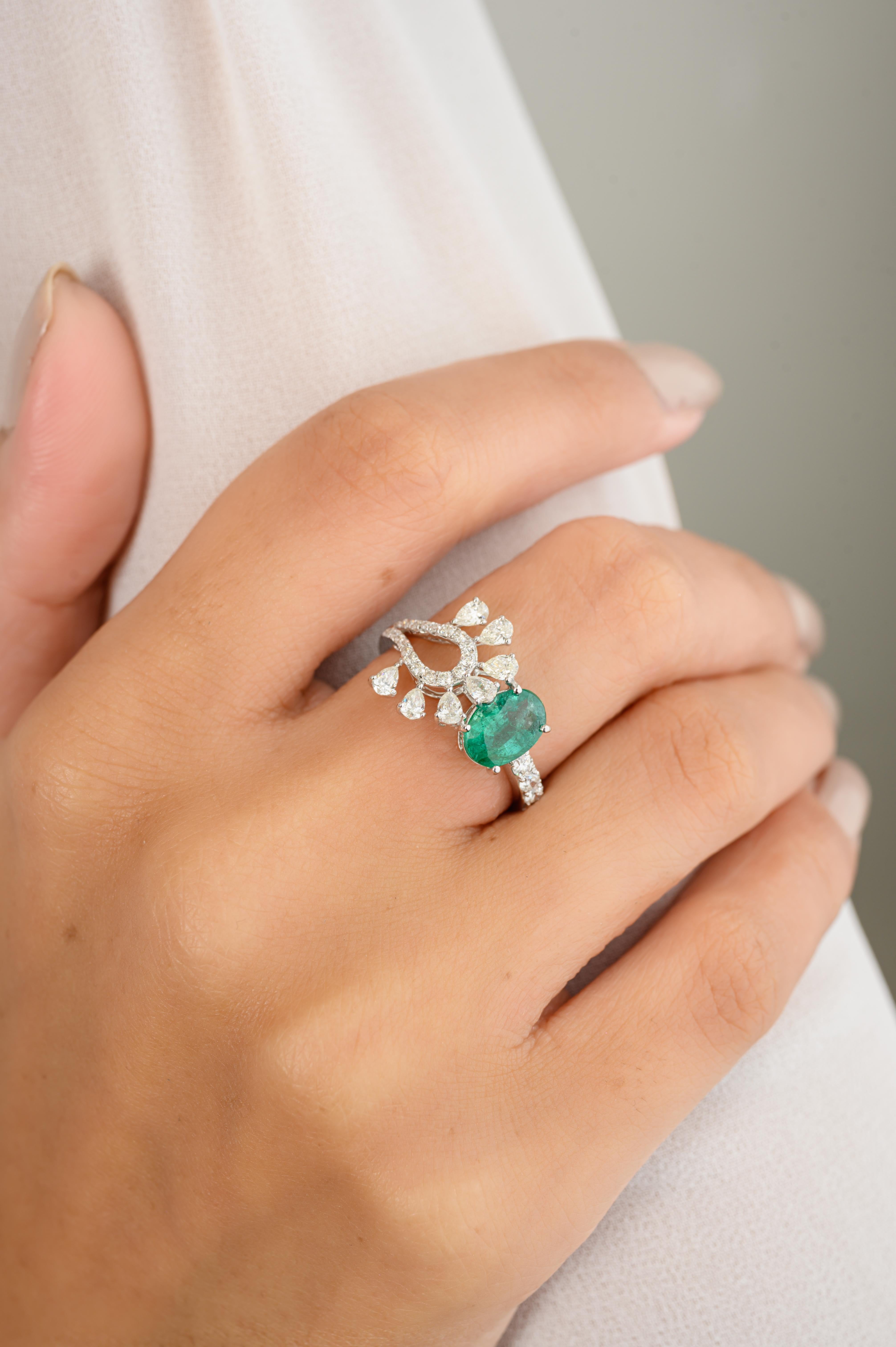 For Sale:  Designer Rare Emerald Diamond Cocktail Ring Crafted in Solid 18k White Gold 4