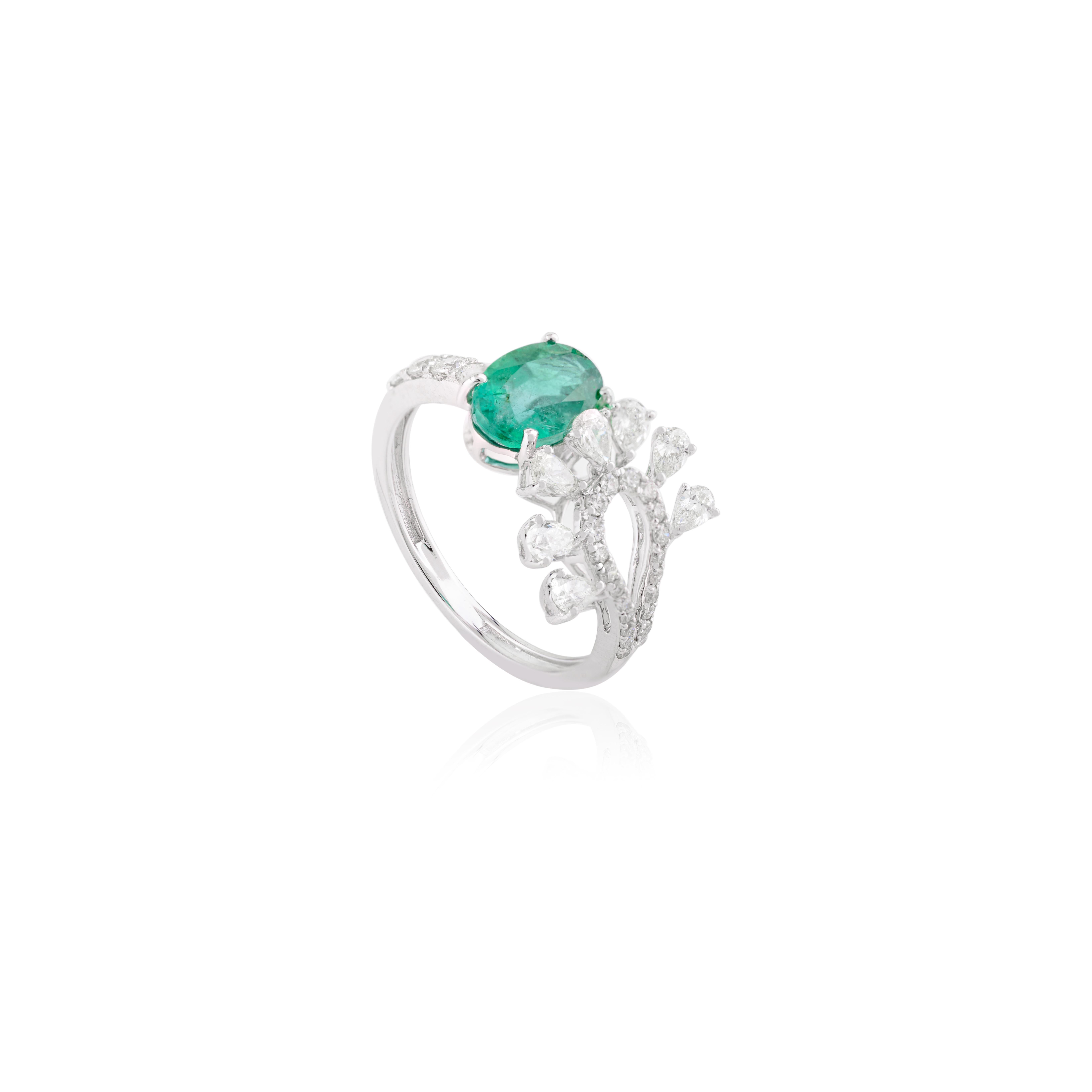 For Sale:  Designer Rare Emerald Diamond Cocktail Ring Crafted in Solid 18k White Gold 7