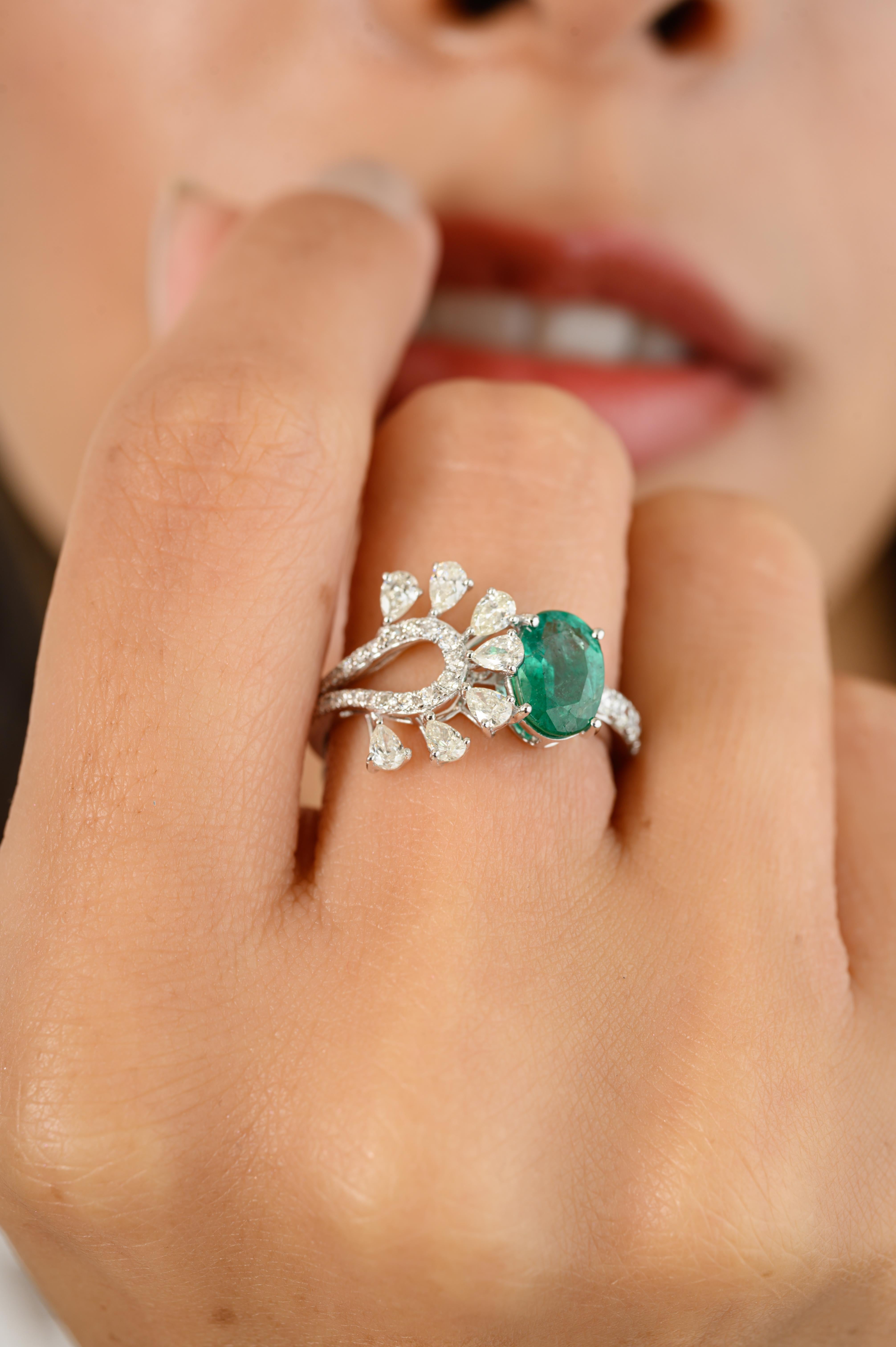 For Sale:  Designer Rare Emerald Diamond Cocktail Ring Crafted in Solid 18k White Gold 8