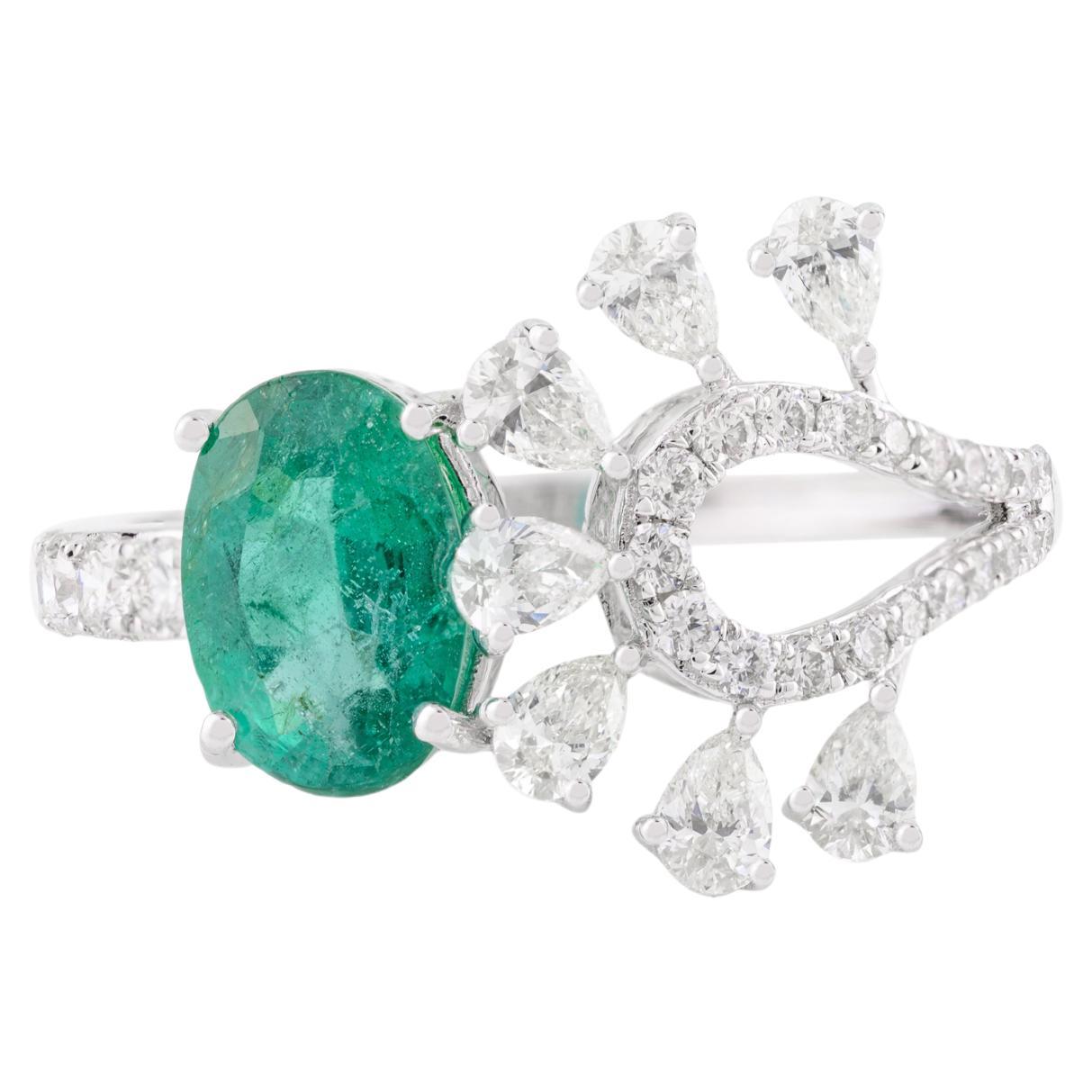 Designer Rare Emerald Diamond Cocktail Ring Crafted in Solid 18k White Gold