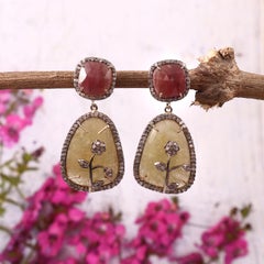 Designer real diamonds raw sapphire plum ruby sterling silver dangler earrings