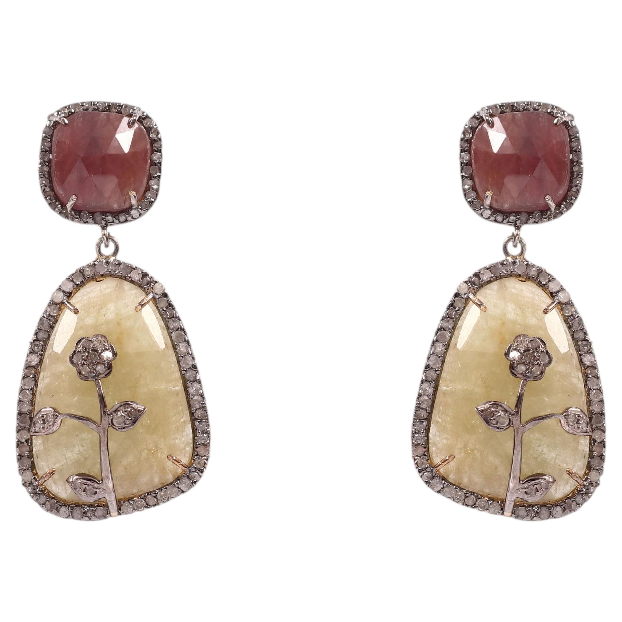 Designer real diamonds raw sapphire plum ruby sterling silver dangler earrings