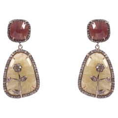Designer real diamonds raw sapphire plum ruby sterling silver dangler earrings