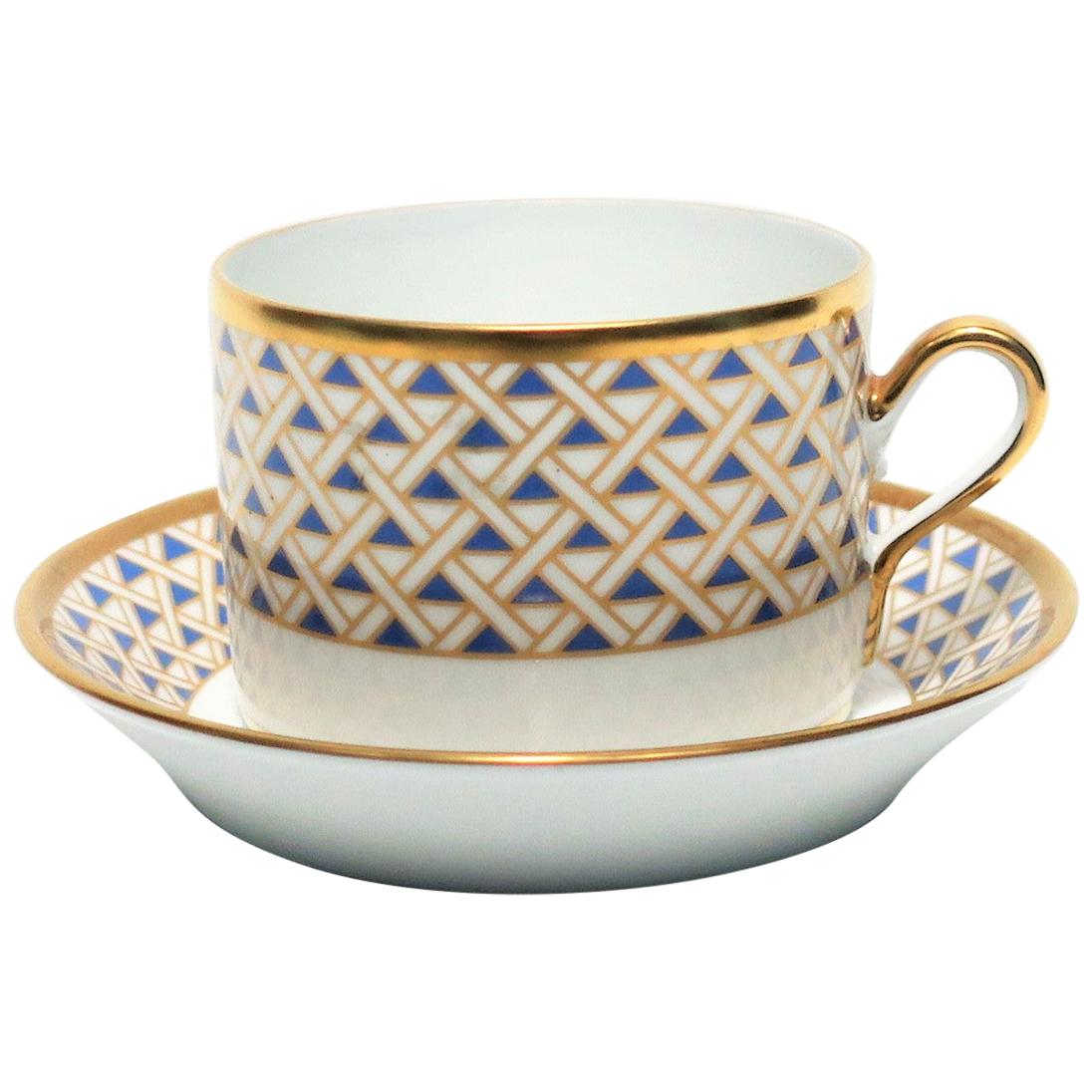 Designer Richard Ginori Italian Coffee or Tea Cup and Saucer in Blue and Gold