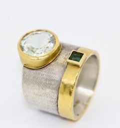 Designer Ring Sterling Silver and 21.6 Karat Gold with Aquamarine and Tourmaline