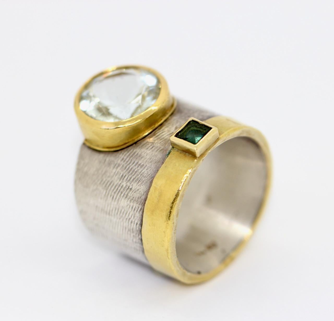 Round Cut Designer Ring Sterling Silver and 21.6 Karat Gold with Aquamarine and Tourmaline For Sale