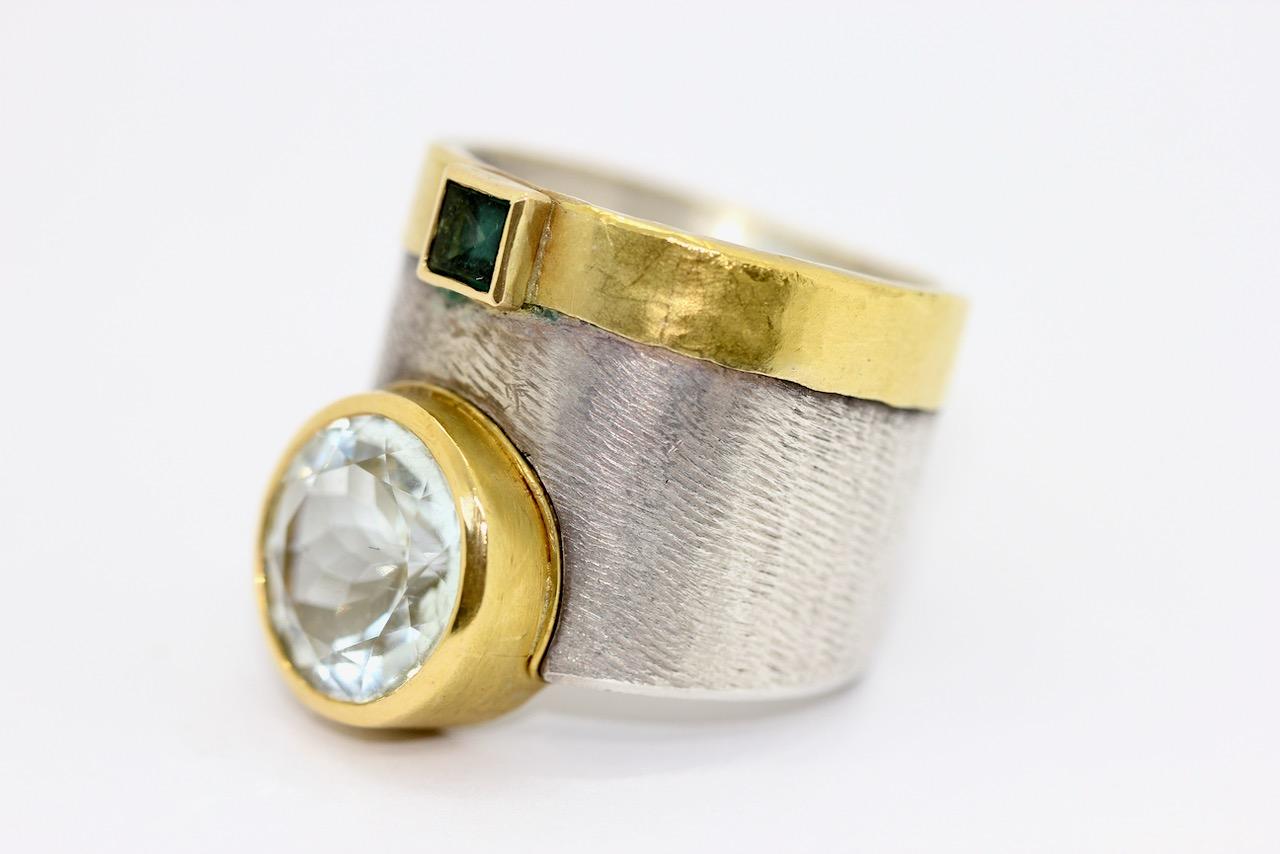 Women's or Men's Designer Ring Sterling Silver and 21.6 Karat Gold with Aquamarine and Tourmaline For Sale