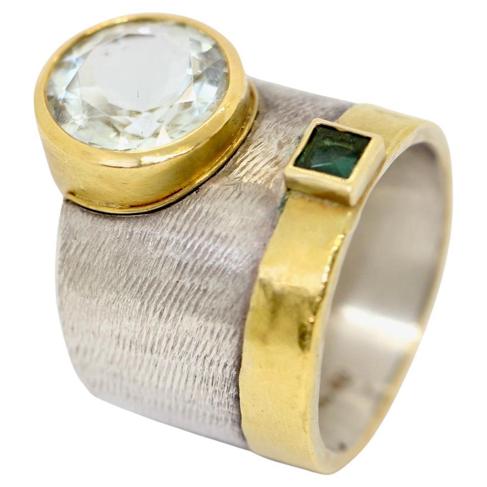 Designer Ring Sterling Silver and 21.6 Karat Gold with Aquamarine and Tourmaline For Sale