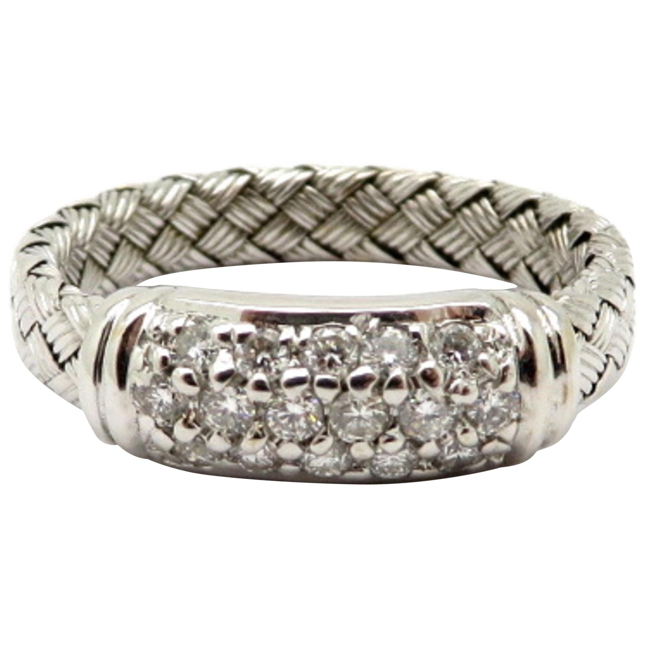 Designer Roberto Coin 18 Karat White Gold Pave Diamond Weaved Ring