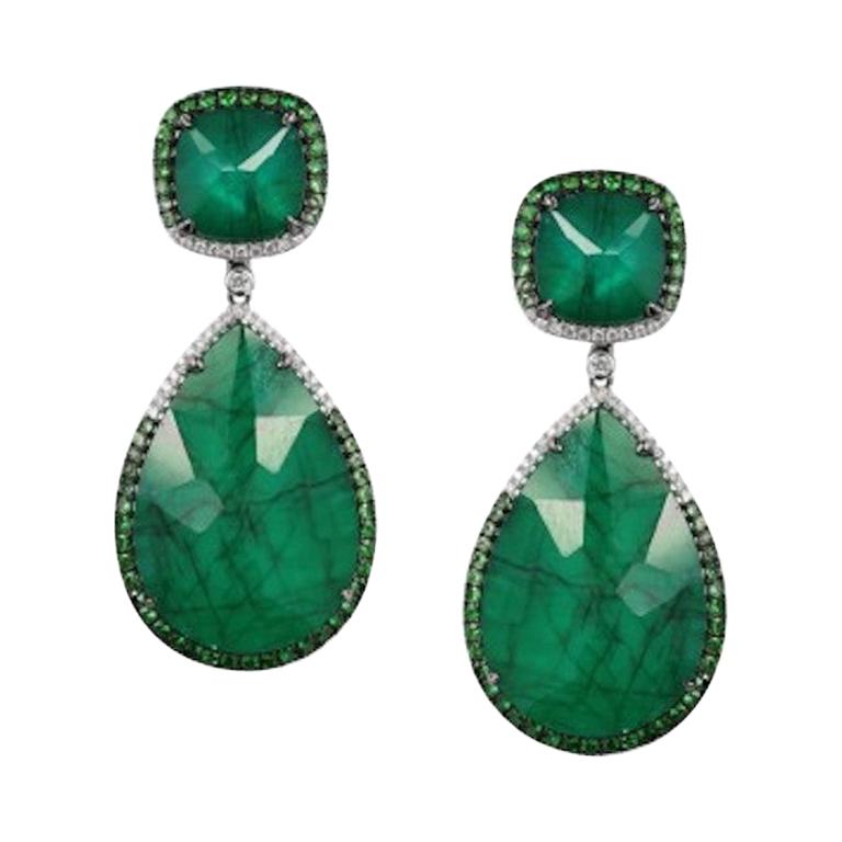 Designer Rock Crystal Green Garnet White Gold Statement Fashion Drop Earrings For Sale