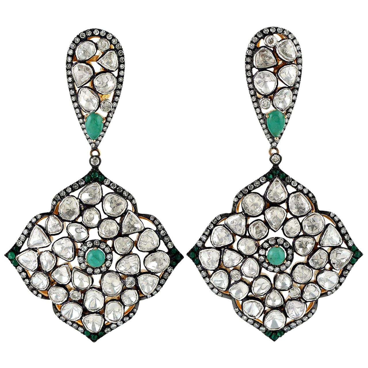 Designer Rose Cut Diamond Earring with Emeralds For Sale