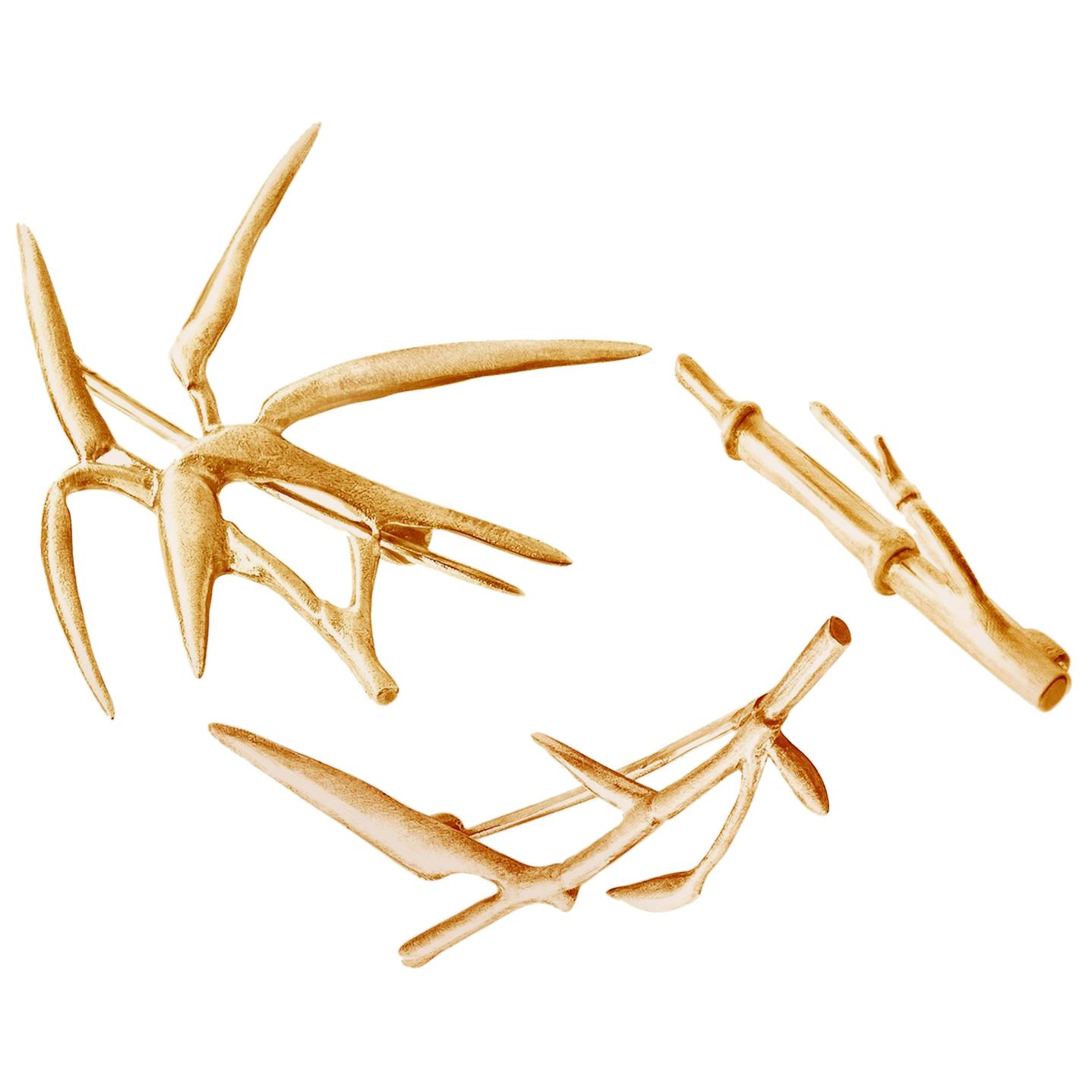 Featured in Vogue Designer Rose Gold Contemporary Bamboo Brooches Triptych For Sale