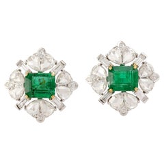 Designer Rosecut Diamond and Emerald Stud in 18K White Gold